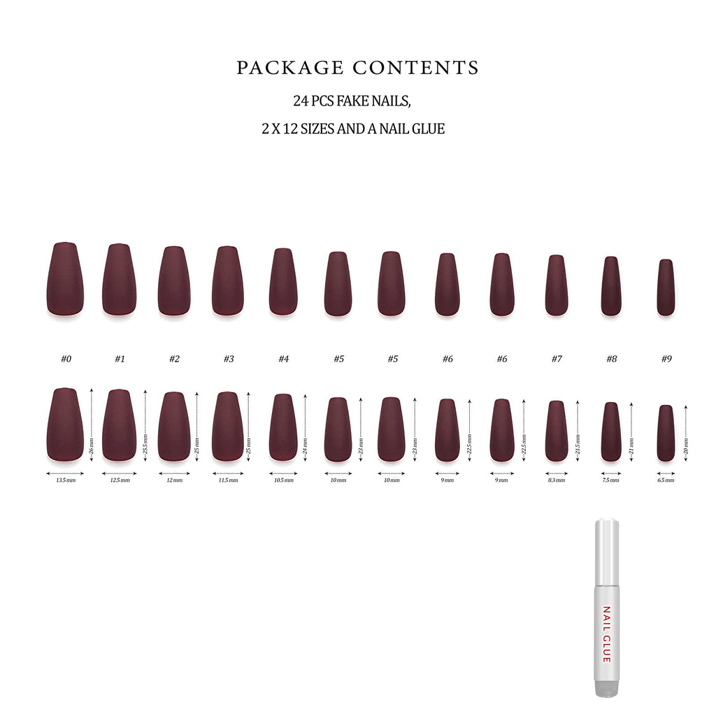 Hypnaughty 24 Pcs Maroon Xtreme Matte Coffin Press-On Nails with Glue – Medium Long Full Cover