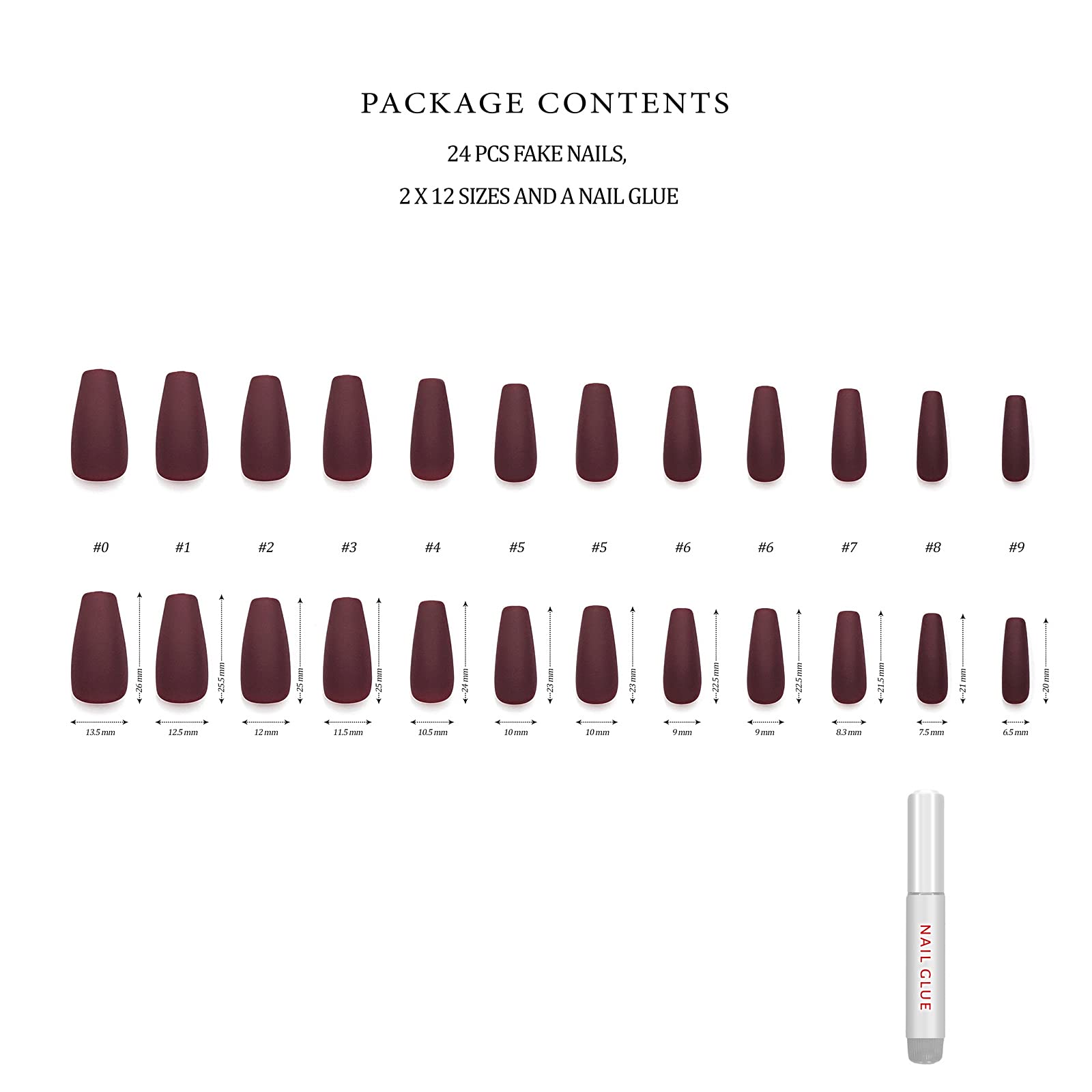 Hypnaughty 24 Pcs Maroon Xtreme Matte Coffin Press-On Nails with Glue – Medium Long Full Cover