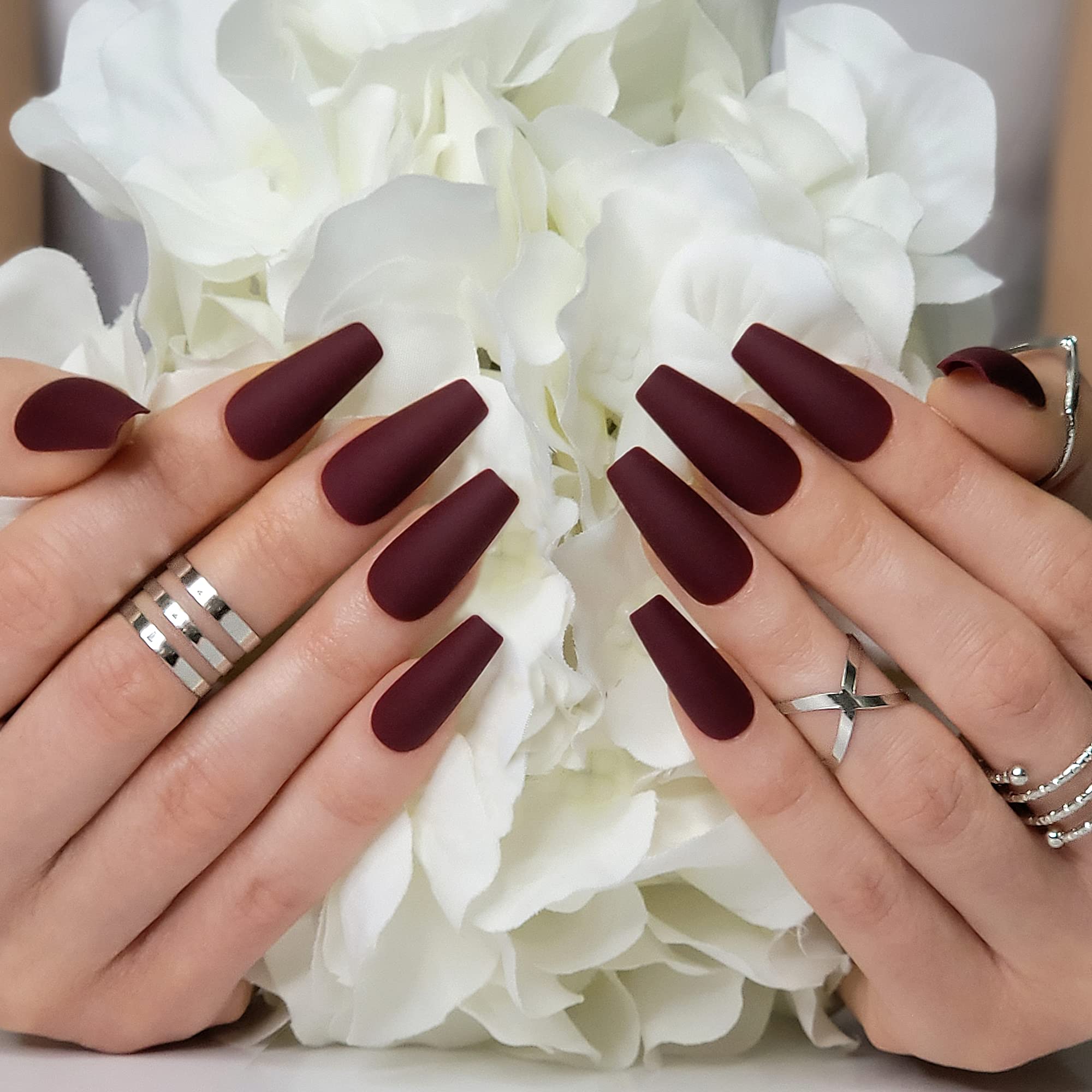 Hypnaughty 24 Pcs Maroon Xtreme Matte Coffin Press-On Nails with Glue – Medium Long Full Cover