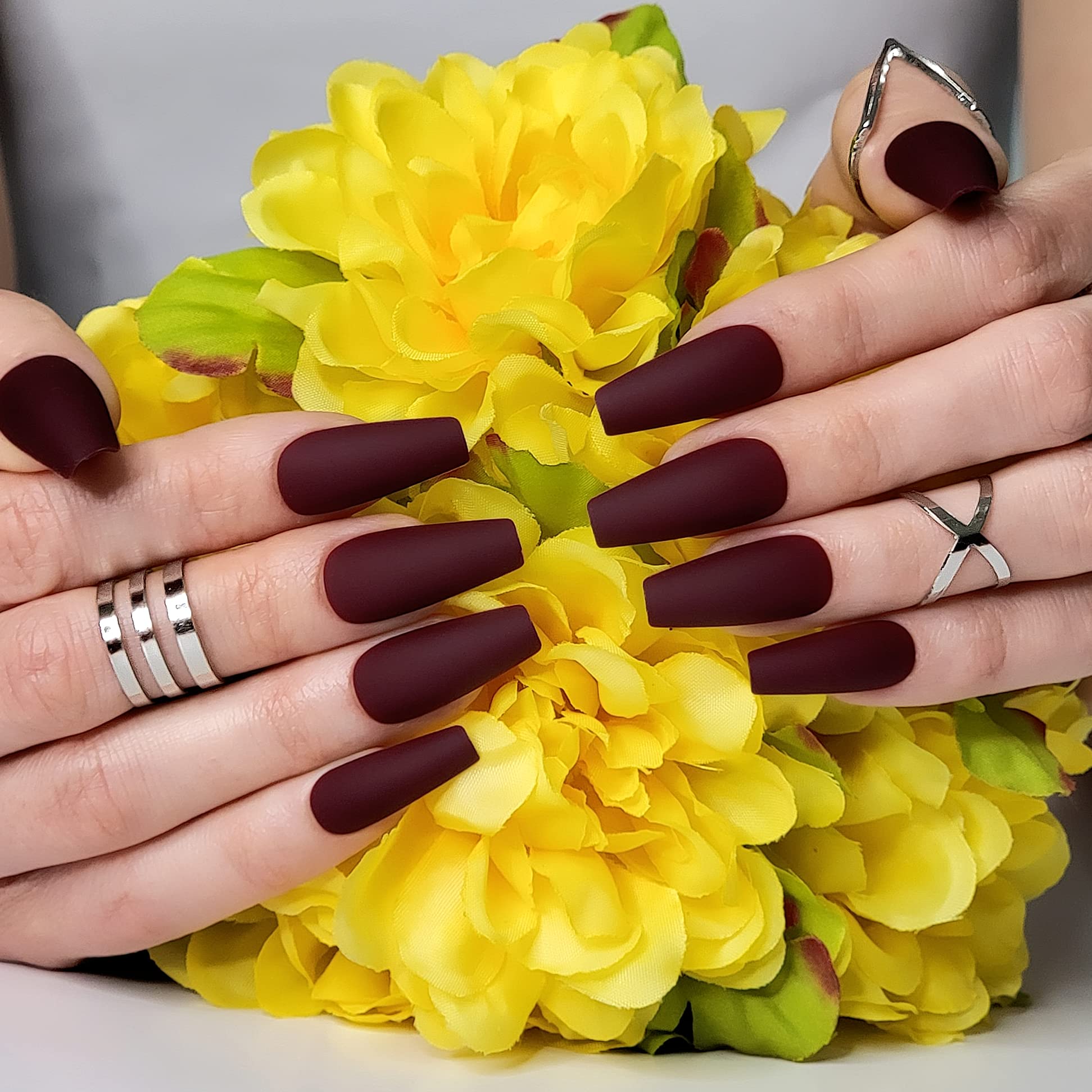Hypnaughty 24 Pcs Maroon Xtreme Matte Coffin Press-On Nails with Glue – Medium Long Full Cover