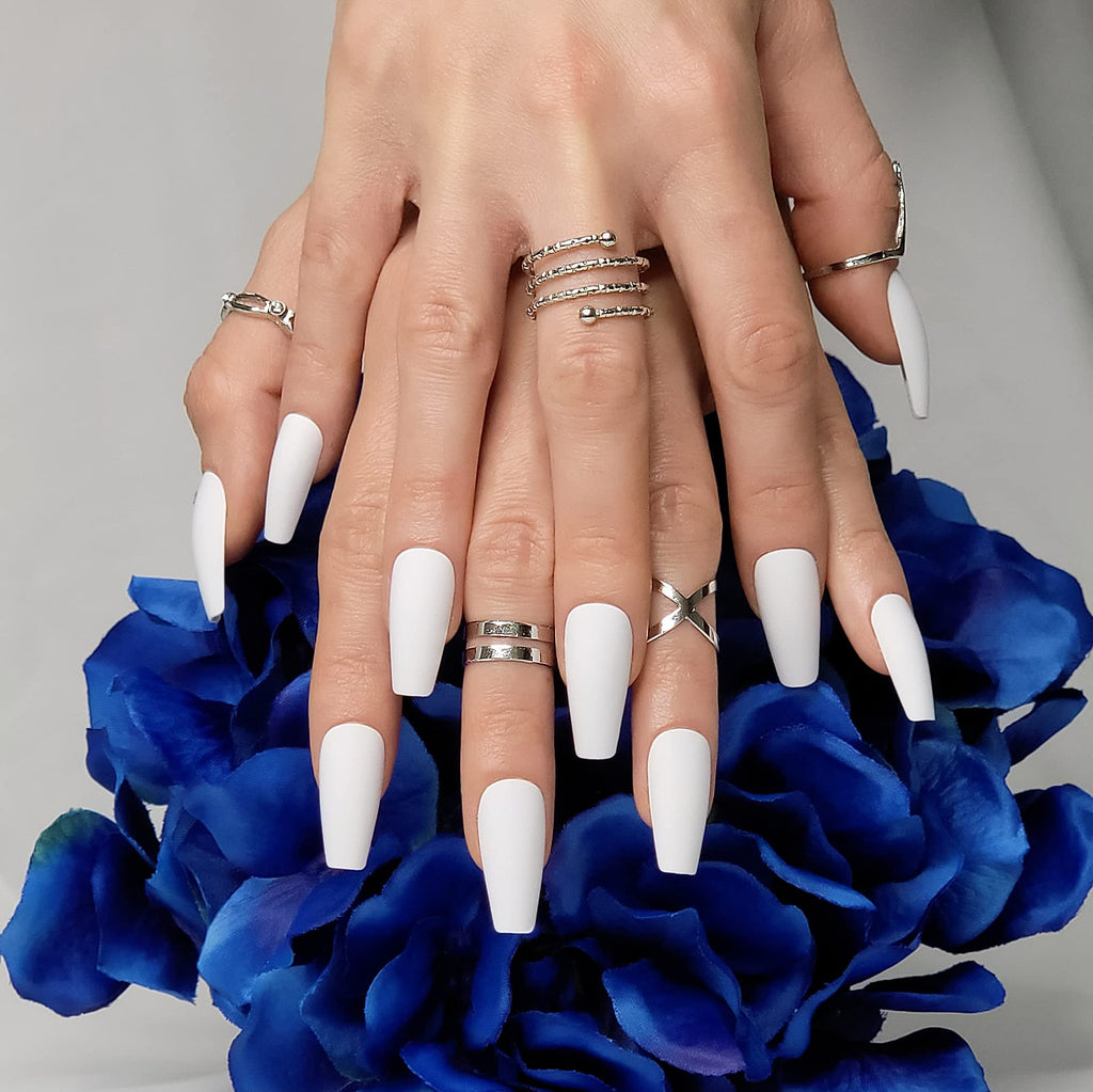 Hypnaughty 24 Pcs Santorini White Matte Coffin Nails – Medium Long Press-On Nails with Glue