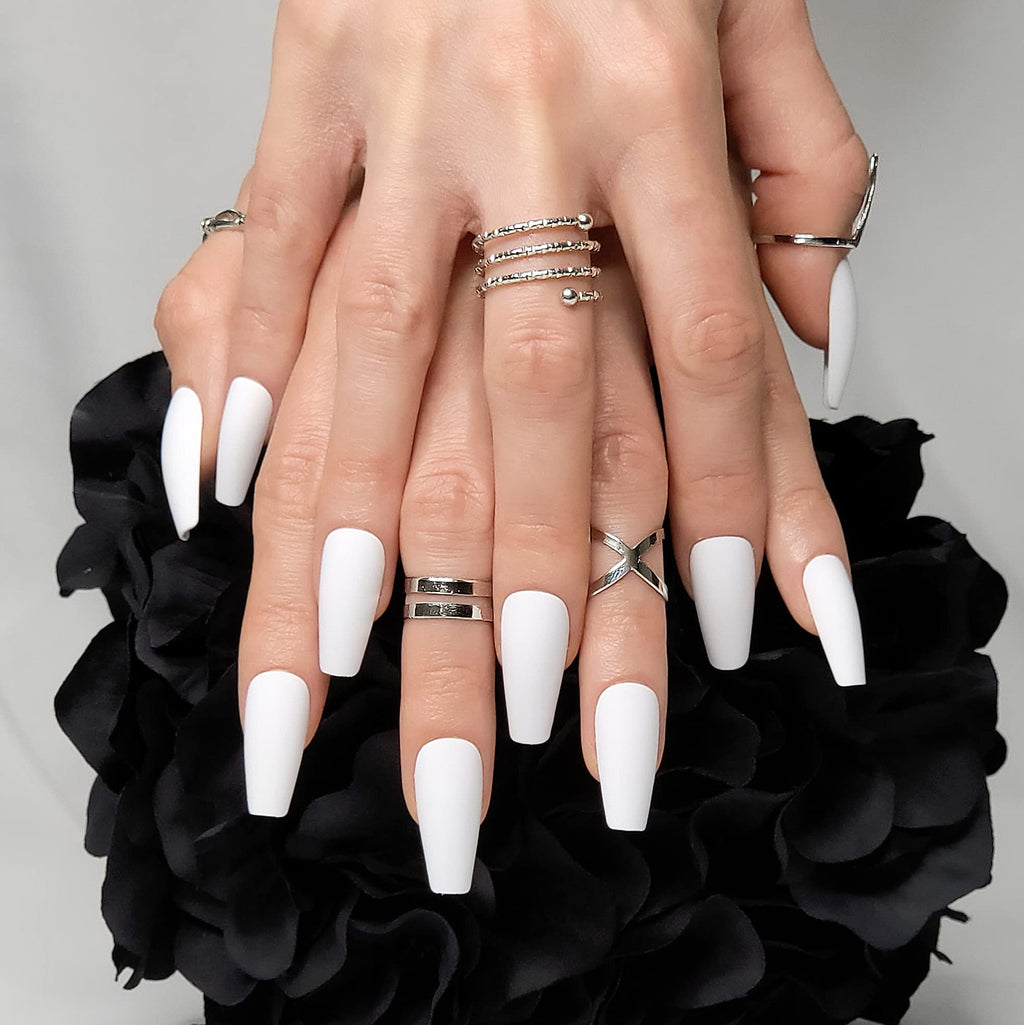 Hypnaughty 24 Pcs Santorini White Matte Coffin Nails – Medium Long Press-On Nails with Glue