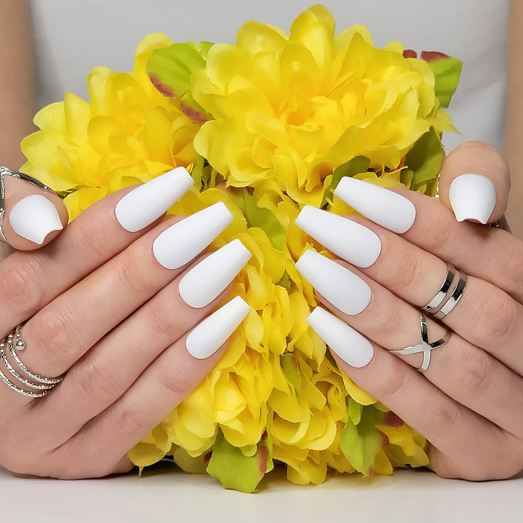 Hypnaughty 24 Pcs Santorini White Matte Coffin Nails – Medium Long Press-On Nails with Glue