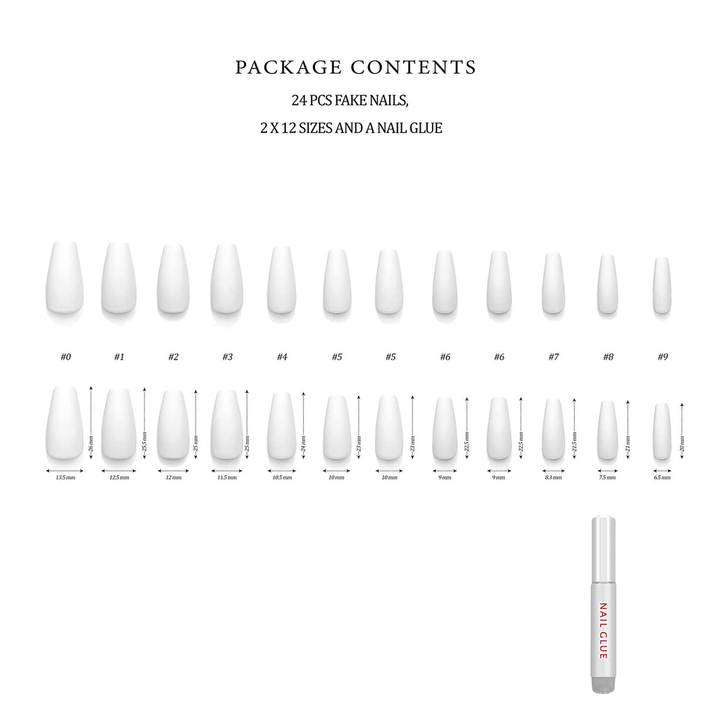Hypnaughty 24 Pcs Santorini White Matte Coffin Nails – Medium Long Press-On Nails with Glue