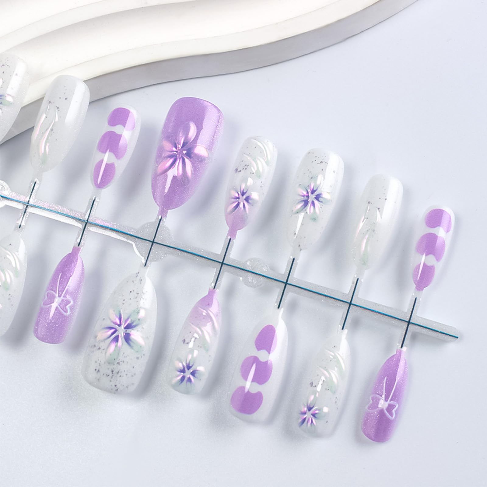 HZJXRT 3D Flower Press On Nails – Purple Glitter Almond Medium, 24Pcs