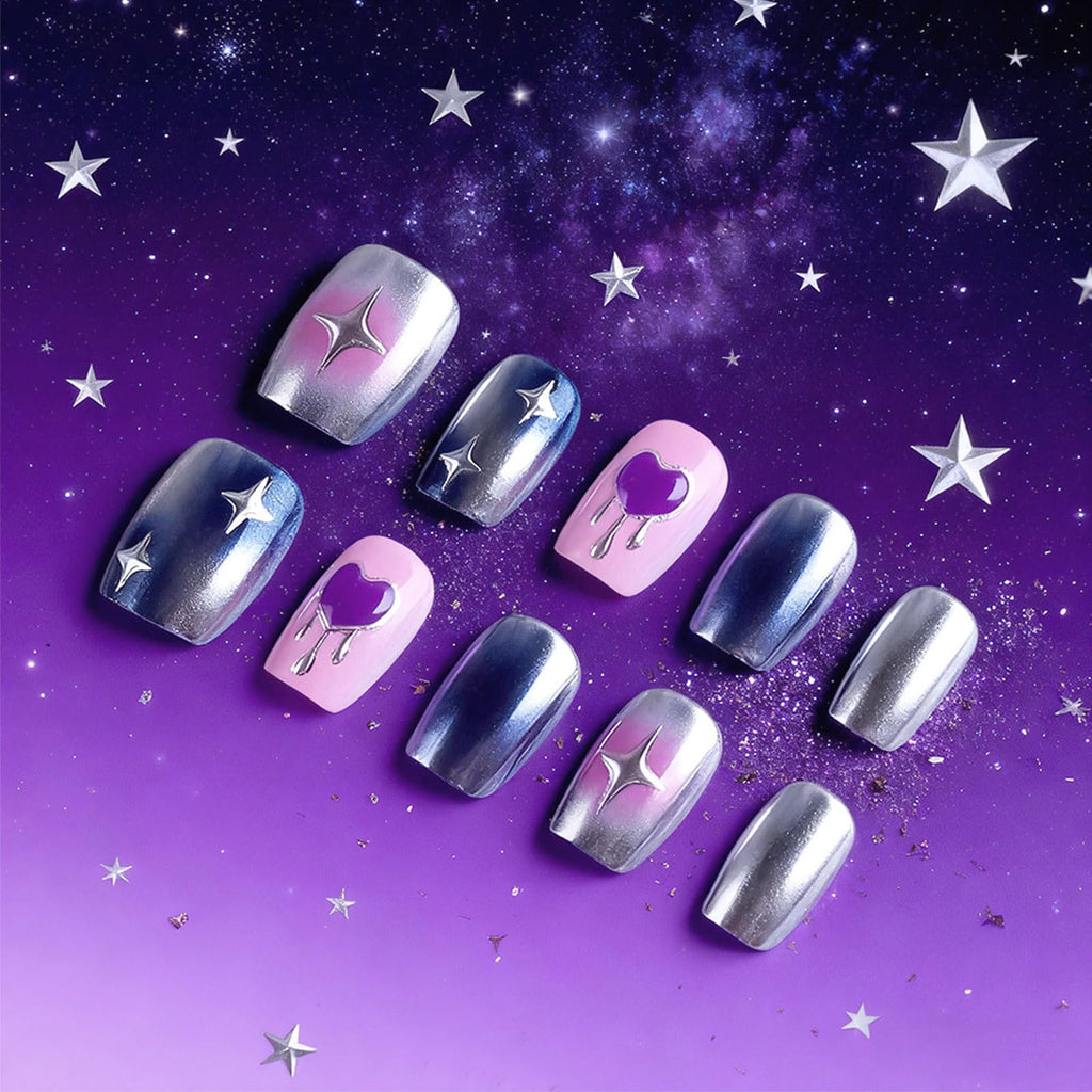 HZJXRT 30Pcs Valentines Press-On Nails – Glossy Blue Aurora Powder, 3D Love Heart, Short Square