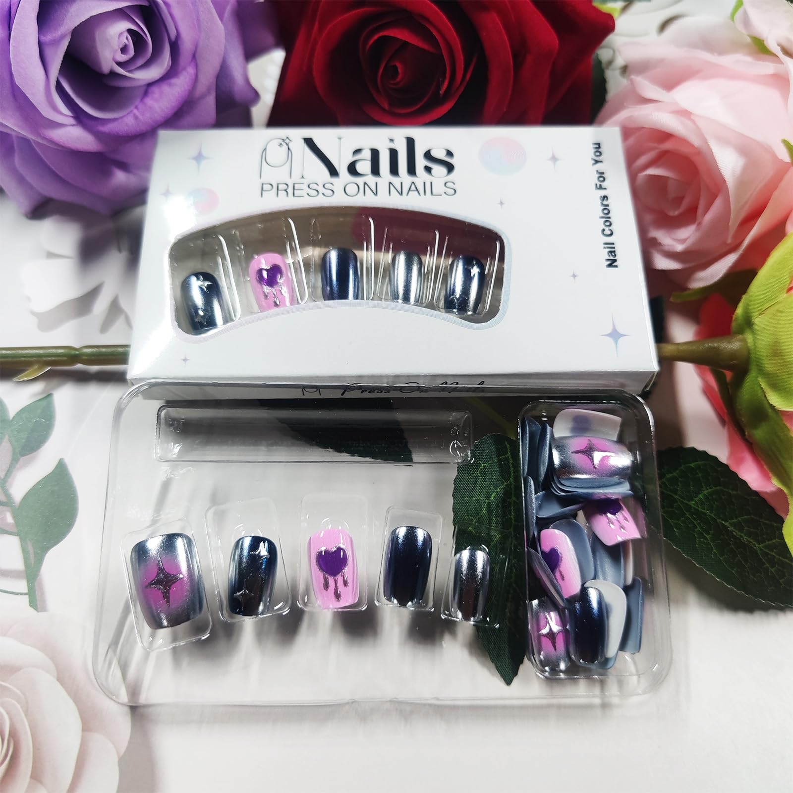 HZJXRT 30Pcs Valentines Press-On Nails – Glossy Blue Aurora Powder, 3D Love Heart, Short Square