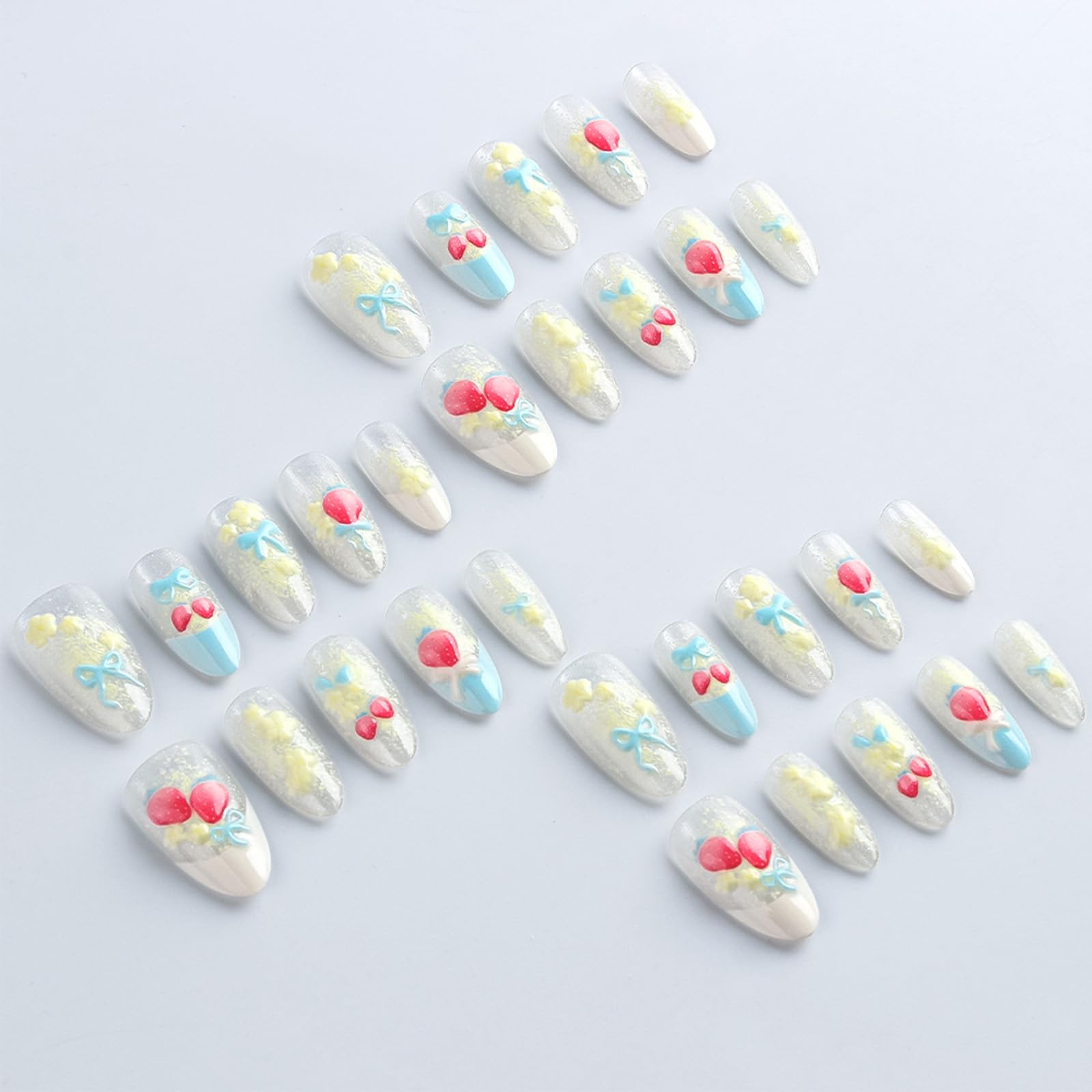 HZJXRT 24Pcs 3D Strawberry Press-On Nails – Almond Medium, Blue Bow Tie French Tips