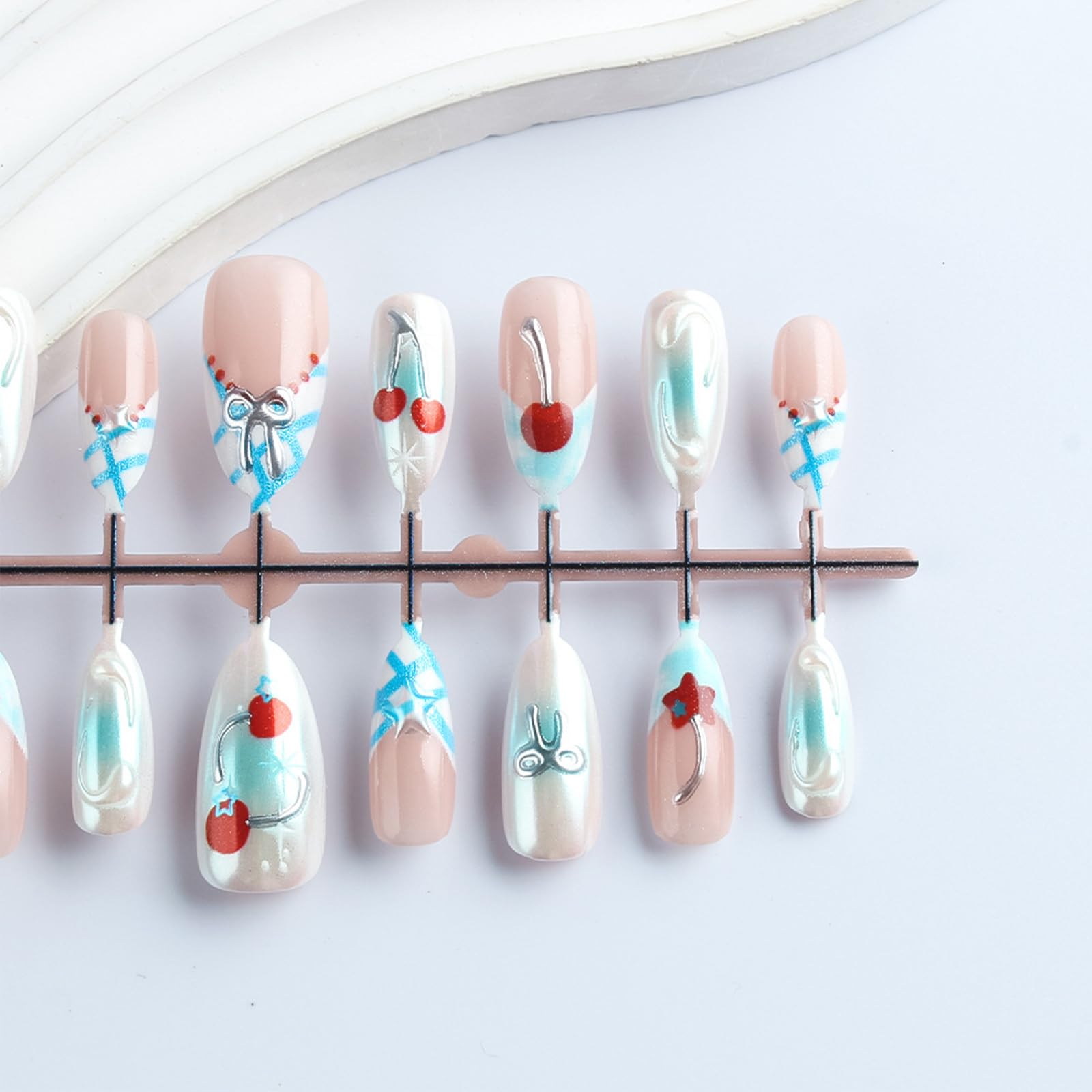 HZJXRT 3D Bow Tie Press-On Nails Cherry – Almond Medium, Blue Glitter French Tips, Red Stars (24Pcs)