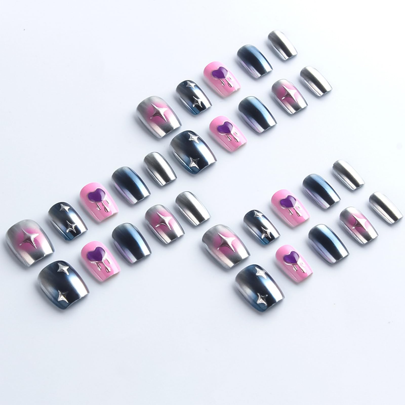 HZJXRT 30Pcs Valentines Press-On Nails – Glossy Blue Aurora Powder, 3D Love Heart, Short Square
