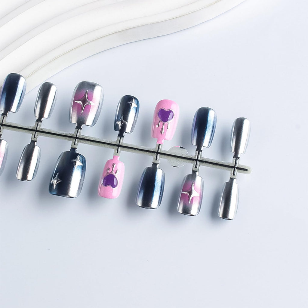 HZJXRT 30Pcs Valentines Press-On Nails – Glossy Blue Aurora Powder, 3D Love Heart, Short Square