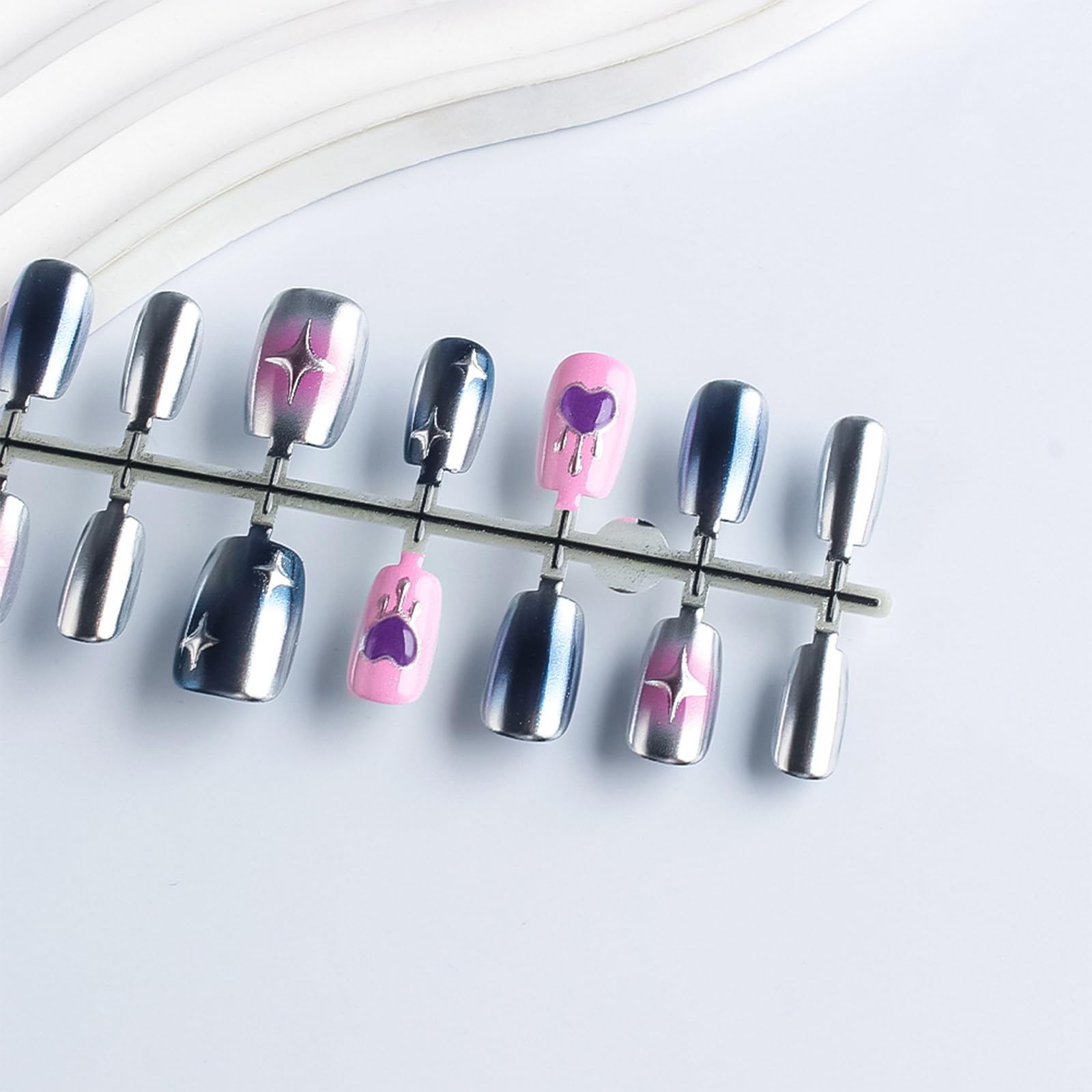 HZJXRT 30Pcs Valentines Press-On Nails – Glossy Blue Aurora Powder, 3D Love Heart, Short Square