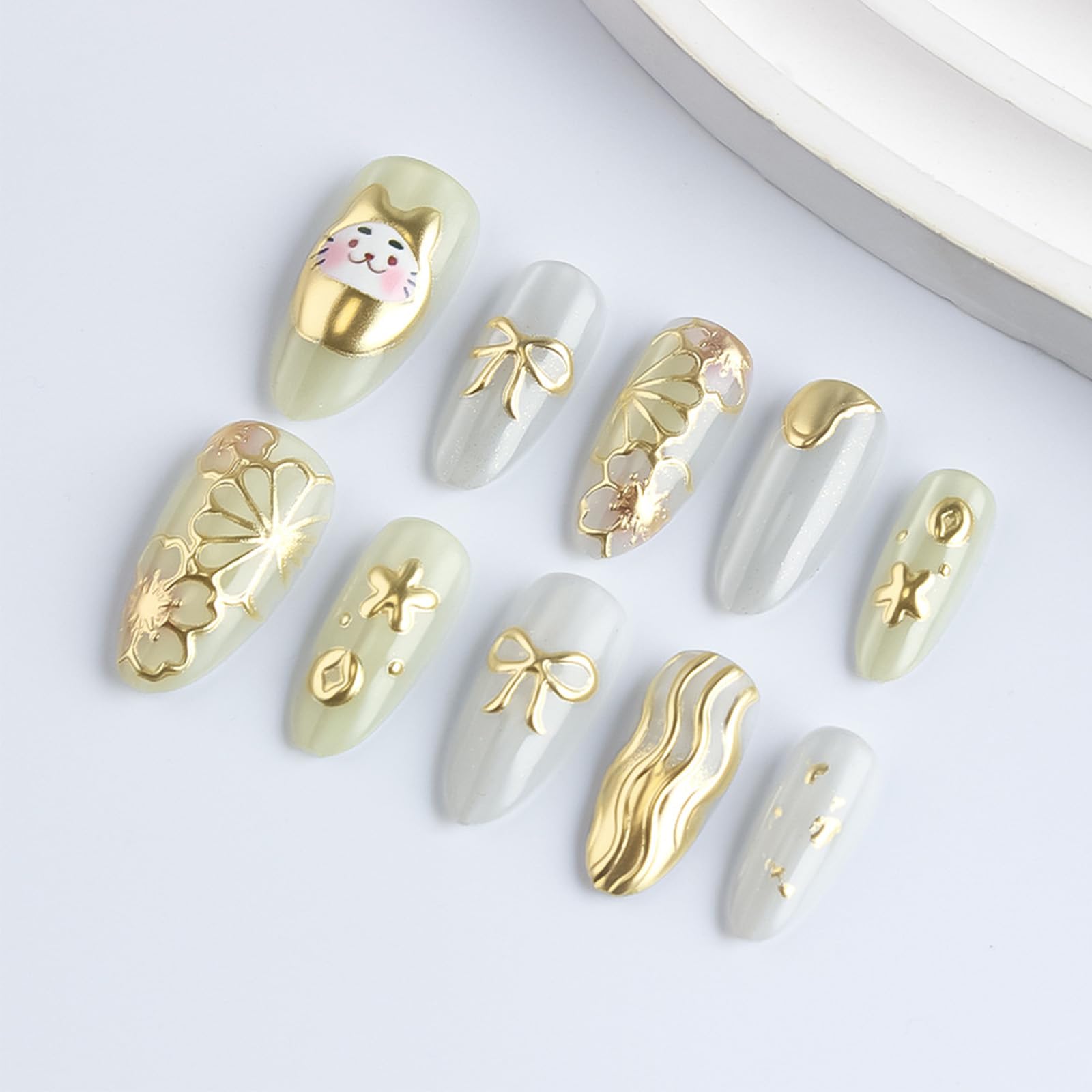 HZJXRT 24Pcs Money Cat Nail Set – Glossy Gold Curve Line, Almond Medium, Press-On Nails with 3D Bow Tie (Valentine Gift)