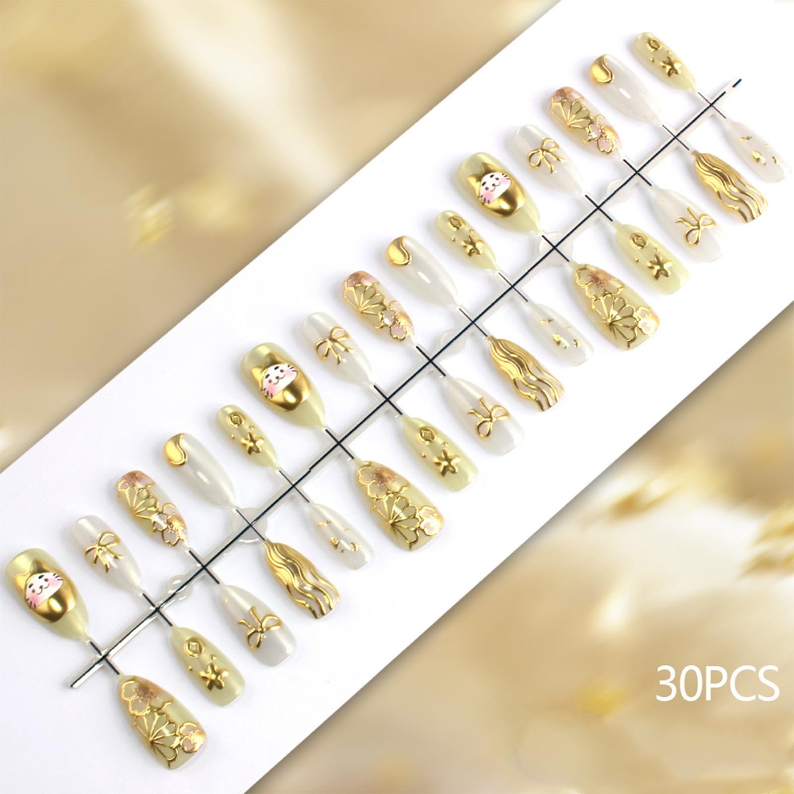 HZJXRT 24Pcs Money Cat Nail Set – Glossy Gold Curve Line, Almond Medium, Press-On Nails with 3D Bow Tie (Valentine Gift)