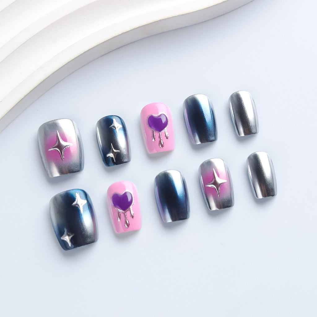 HZJXRT 30Pcs Valentines Press-On Nails – Glossy Blue Aurora Powder, 3D Love Heart, Short Square