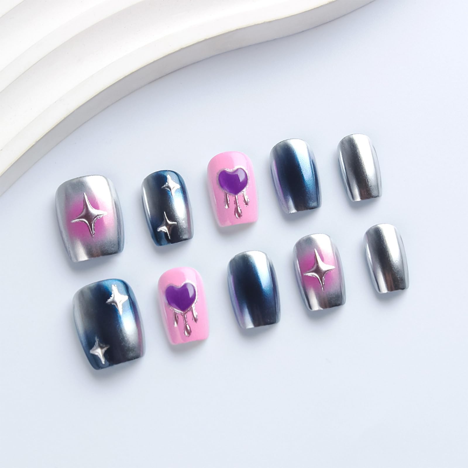 HZJXRT 30Pcs Valentines Press-On Nails – Glossy Blue Aurora Powder, 3D Love Heart, Short Square