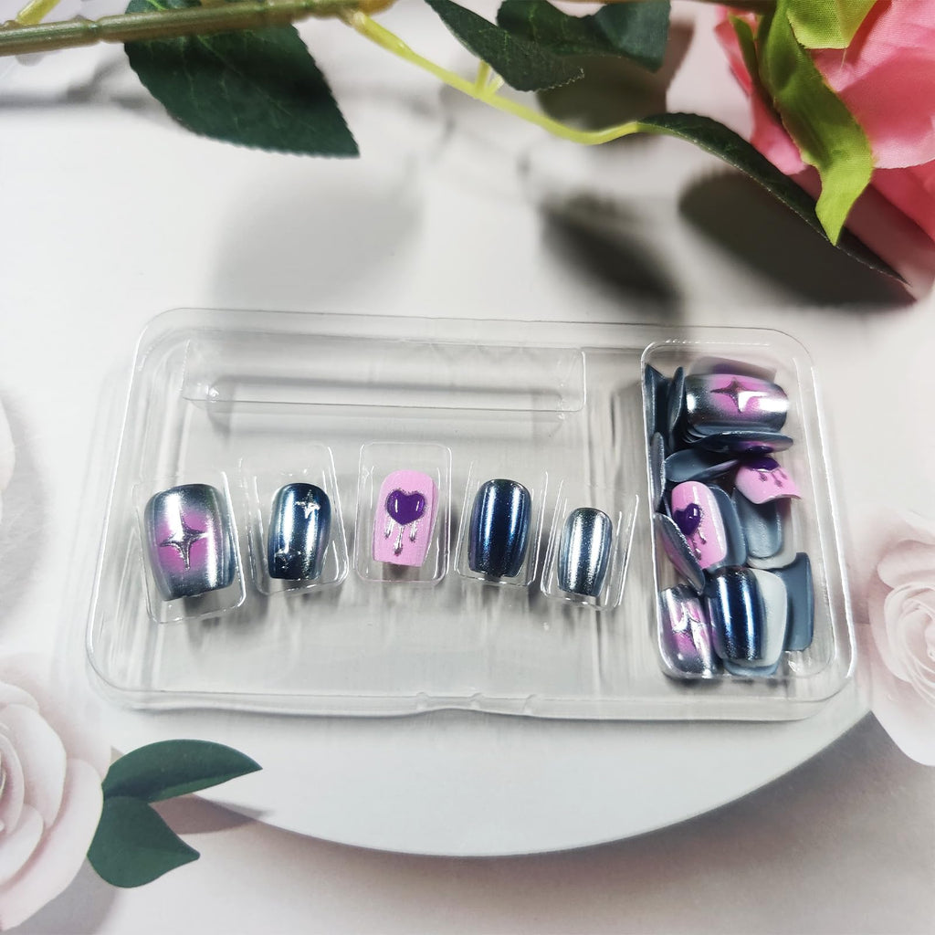 HZJXRT 30Pcs Valentines Press-On Nails – Glossy Blue Aurora Powder, 3D Love Heart, Short Square