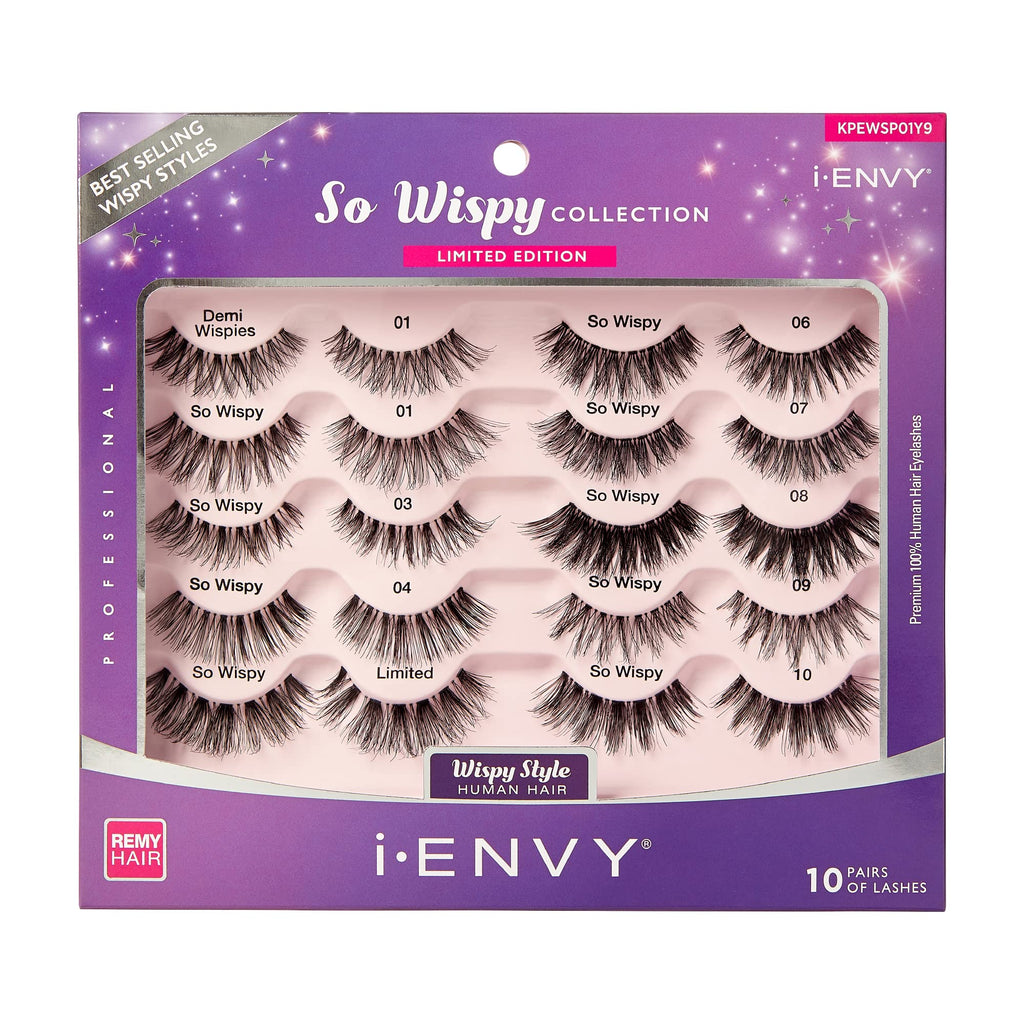 i-ENVY 10 Pairs So Wispy Human Hair Eyelashes Multipack | Invisible Band, Lightweight & Reusable