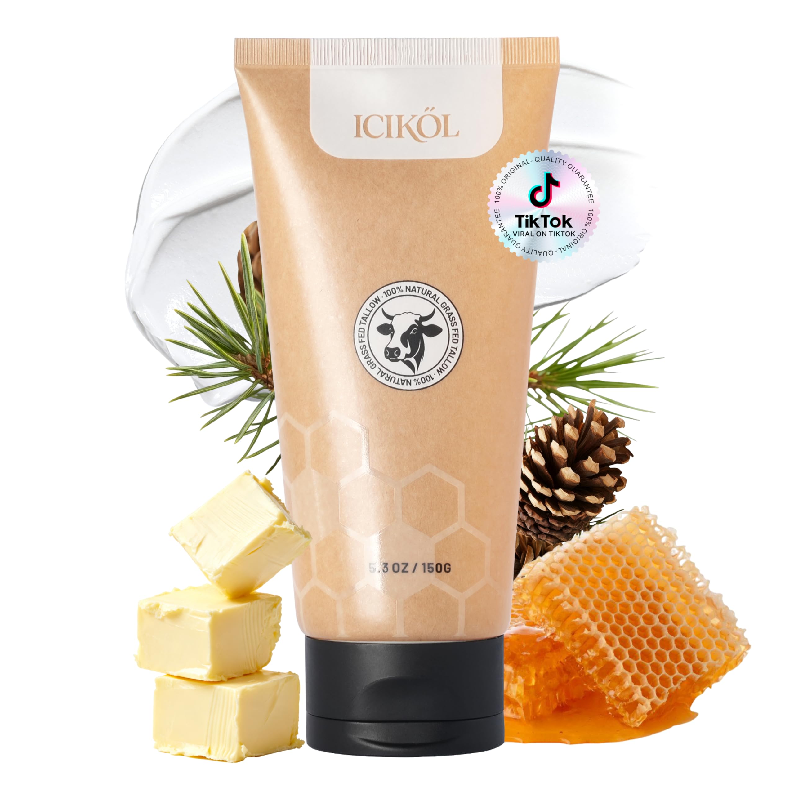 ICIKOL Organic Beef Tallow Honey Balm – Whipped Moisturizer for Face & Body, Cedarwood, 5.3 oz