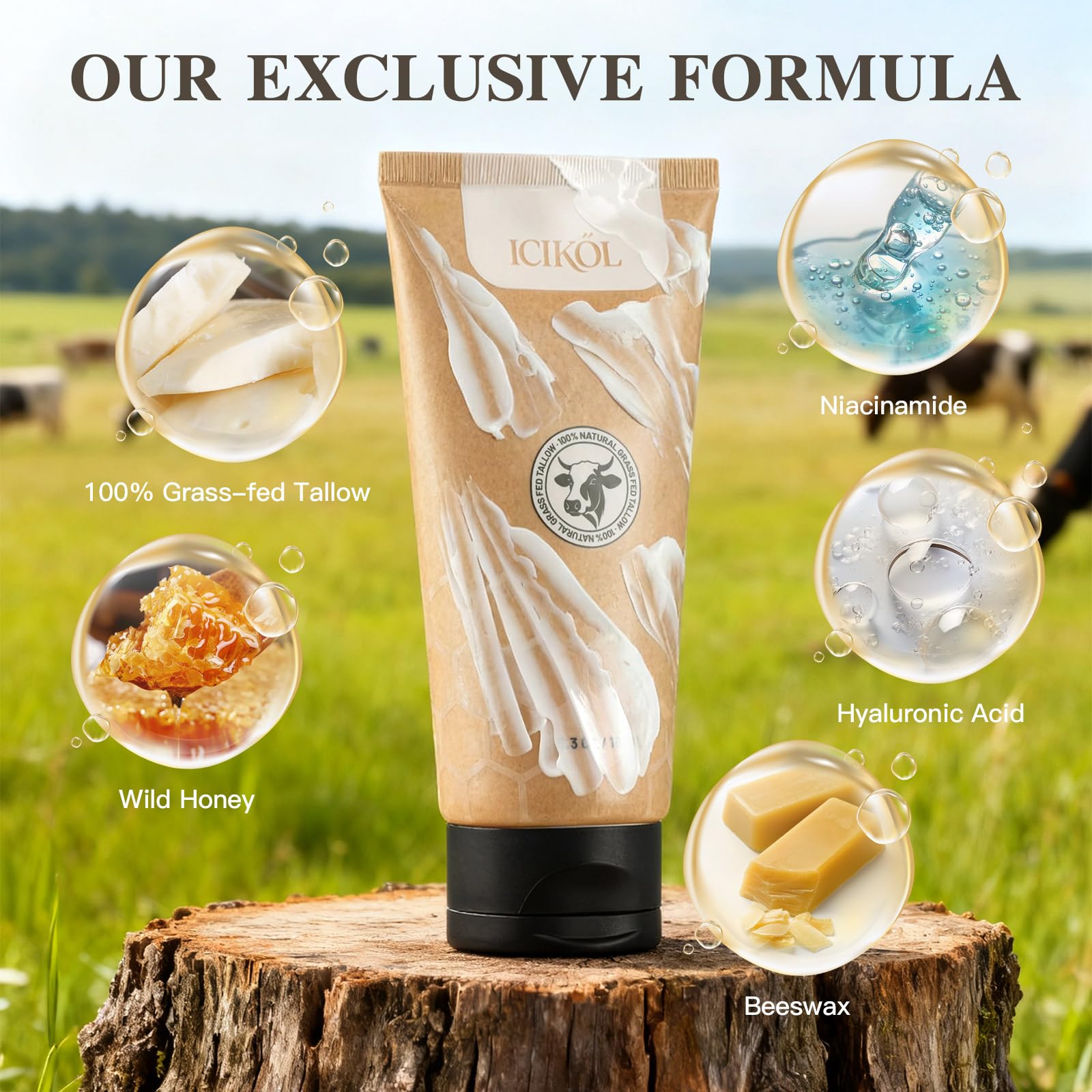 ICIKOL Organic Beef Tallow Honey Balm – Whipped Moisturizer for Face & Body (5.3 oz)