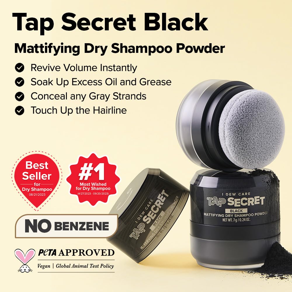 I DEW CARE Tap Secret Black Dry Shampoo – Biotin Clarifying, Brunette, Non-Aerosol, Refillable 0.26 oz