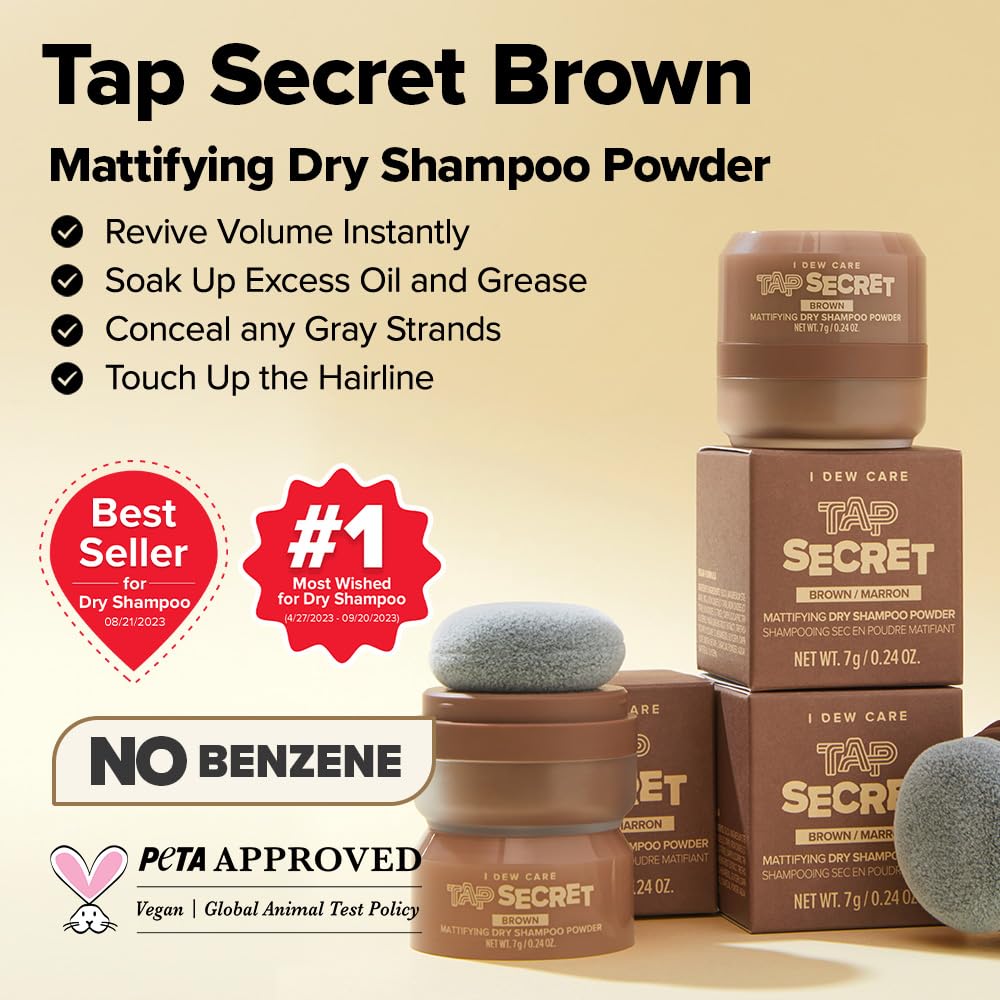 I DEW CARE Tap Secret Biotin Dry Shampoo – Brown | Non-Aerosol, Refillable Travel Size 0.26 oz