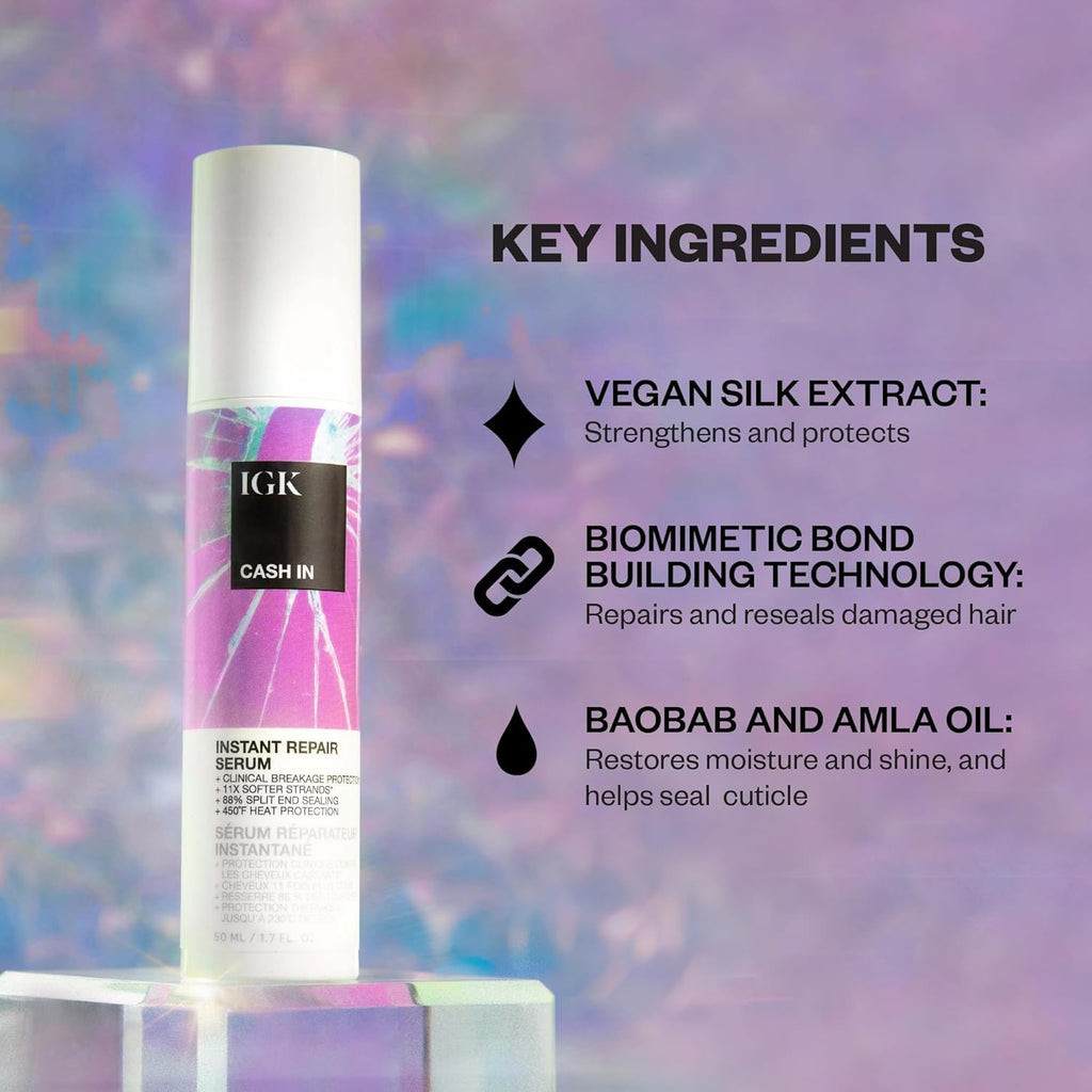 IGK Cash In Instant Repair Hair Serum – 2-Pack, Silicone-Free Bond-Building, 1.7 oz Each
