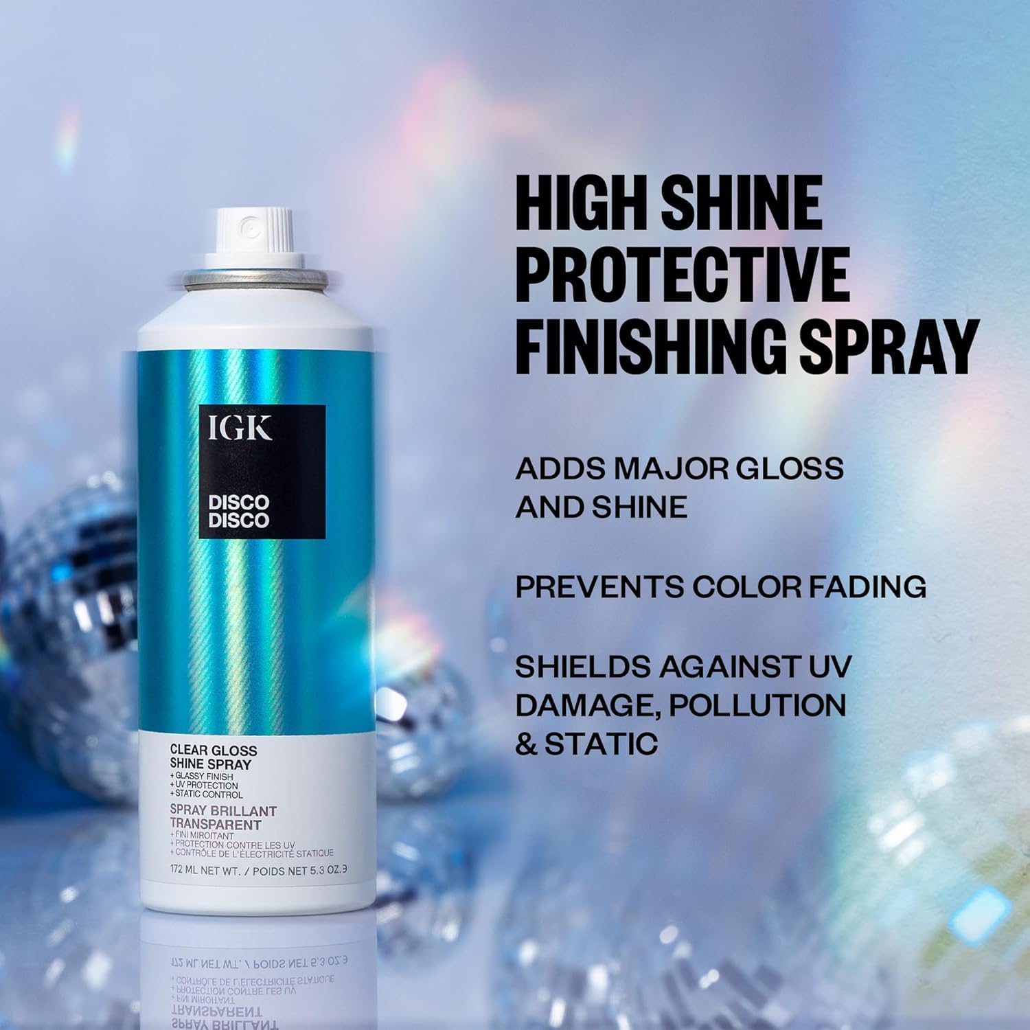 IGK Disco Disco Clear Gloss Hair Shine Spray — 5.3 oz + 2.1 oz Travel Size Pack | Lightweight, High-Shine Finish