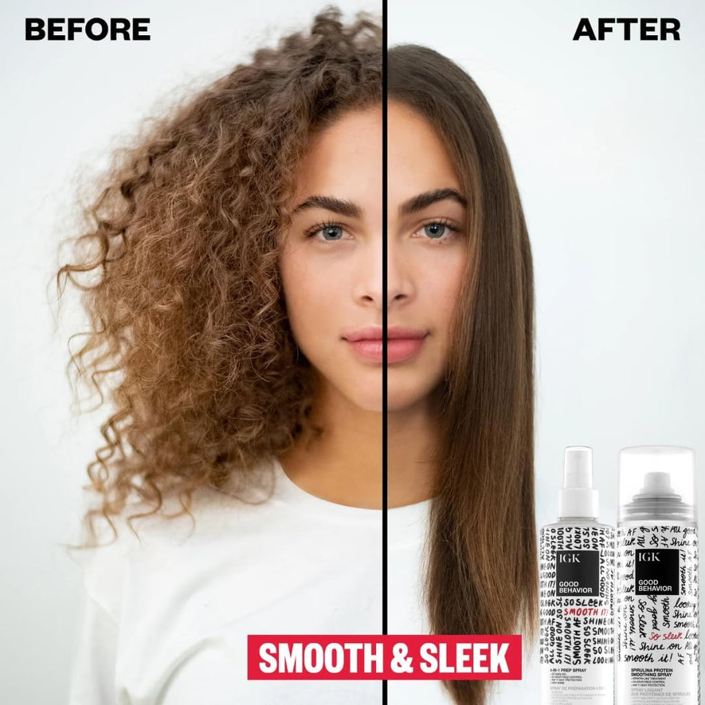 IGK GOOD BEHAVIOR Travel Set – 4-in-1 Prep Spray + Spirulina Protein Smoothing Spray | Frizz Control & Heat Protection