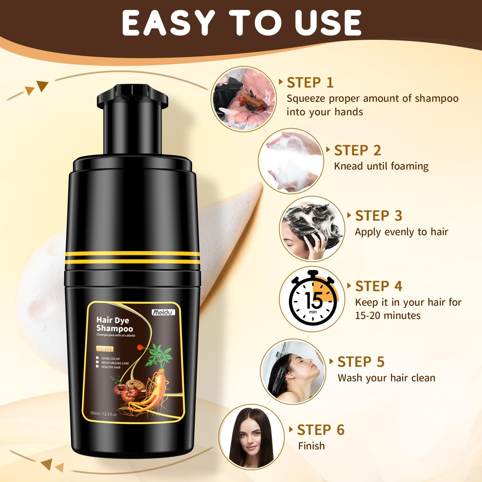 IIIMEIDU Dark Brown Hair Dye Shampoo 3-in-1 for Gray Hair – 350ml