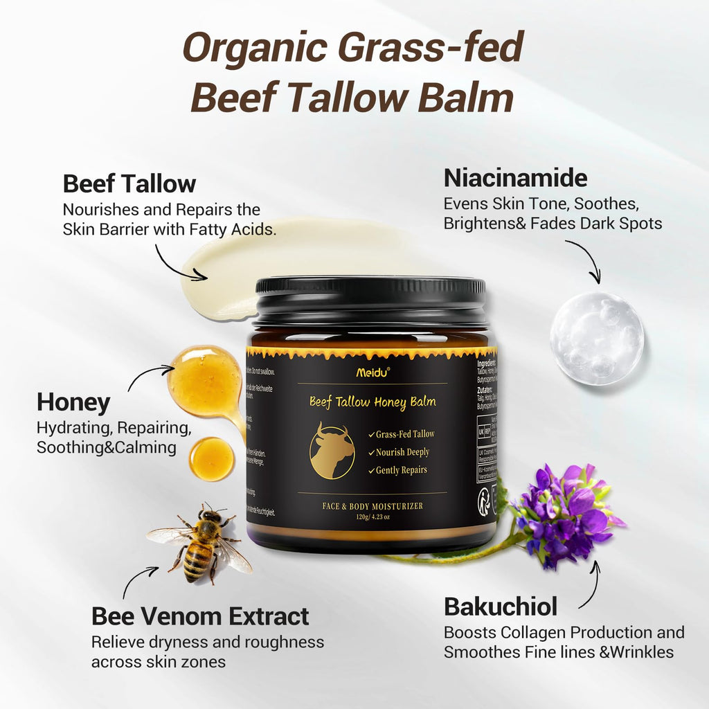 IIIMEIDU Tallow and Honey Balm – Grass-Fed Beef Tallow & Raw Wild Honey Moisturizer for Face & Body, 4.2 oz