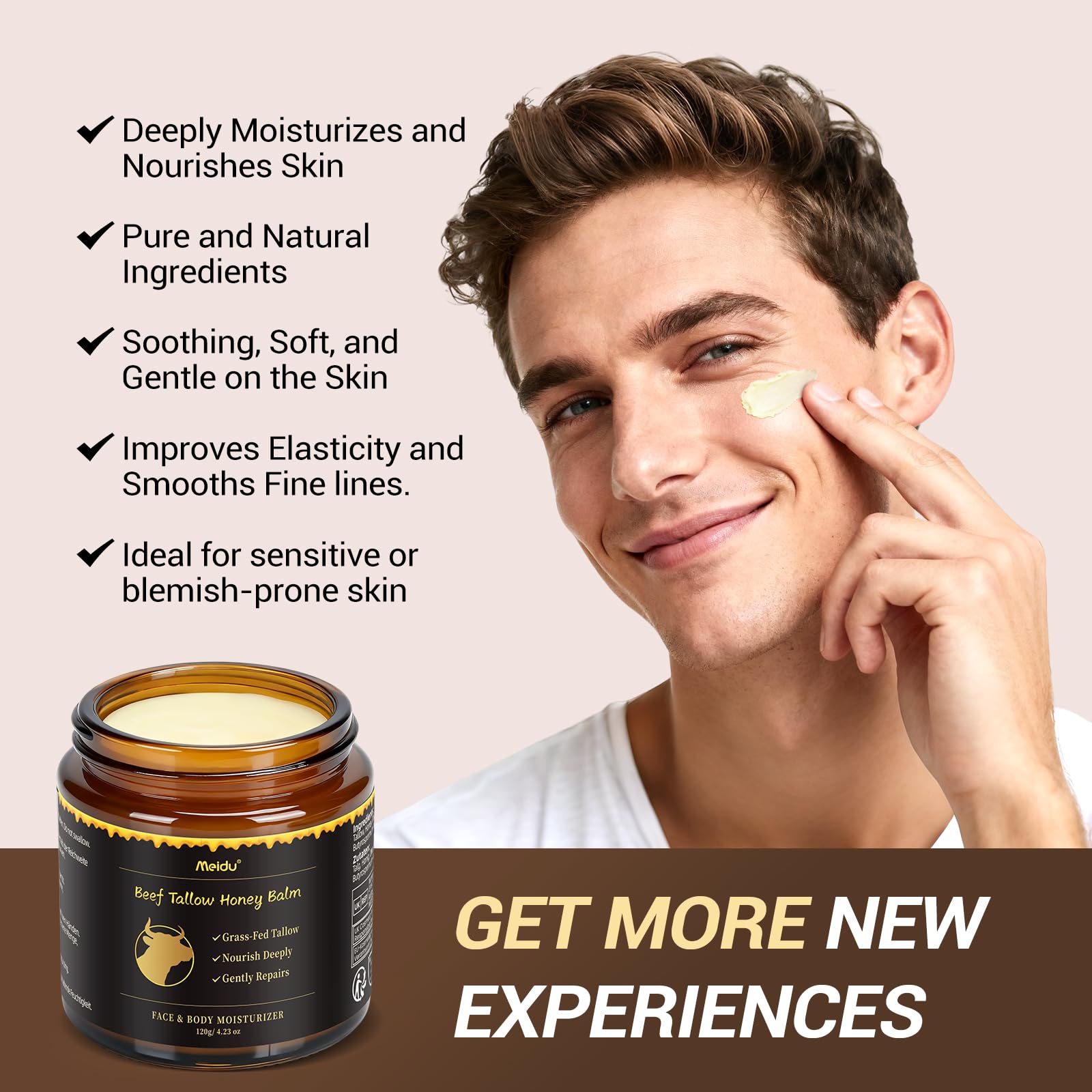 IIIMEIDU Tallow and Honey Balm – Grass-Fed Beef Tallow & Raw Wild Honey Moisturizer for Face & Body, 4.2 oz