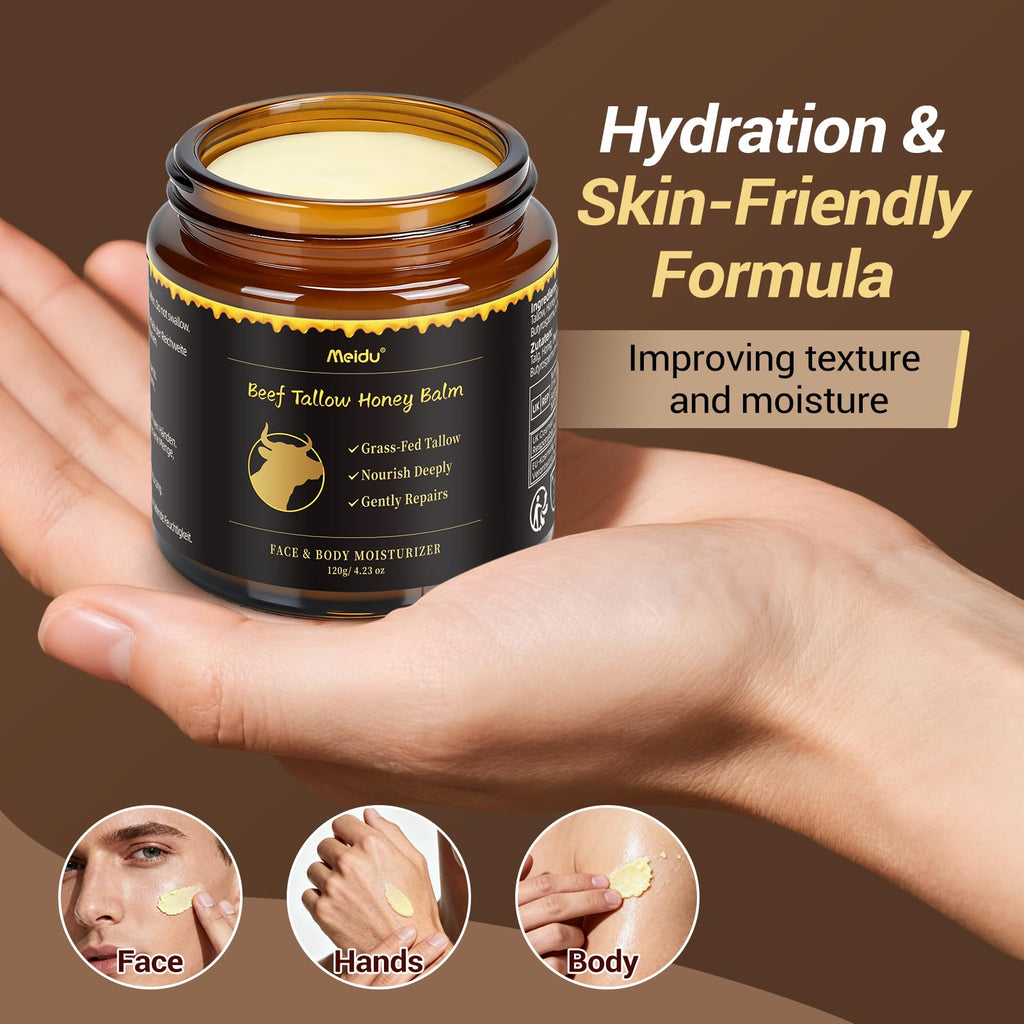 IIIMEIDU Tallow and Honey Balm – Grass-Fed Beef Tallow & Raw Wild Honey Moisturizer for Face & Body, 4.2 oz