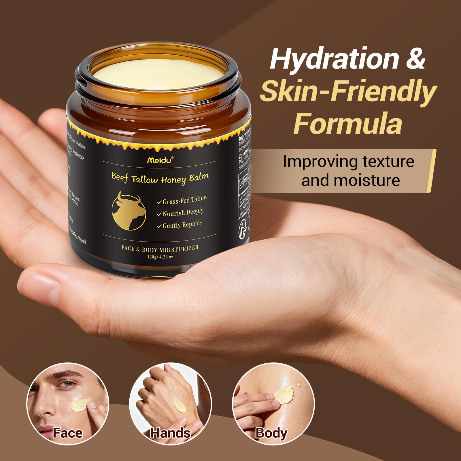 IIIMEIDU Tallow and Honey Balm – Grass-Fed Beef Tallow & Raw Wild Honey Moisturizer for Face & Body, 4.2 oz