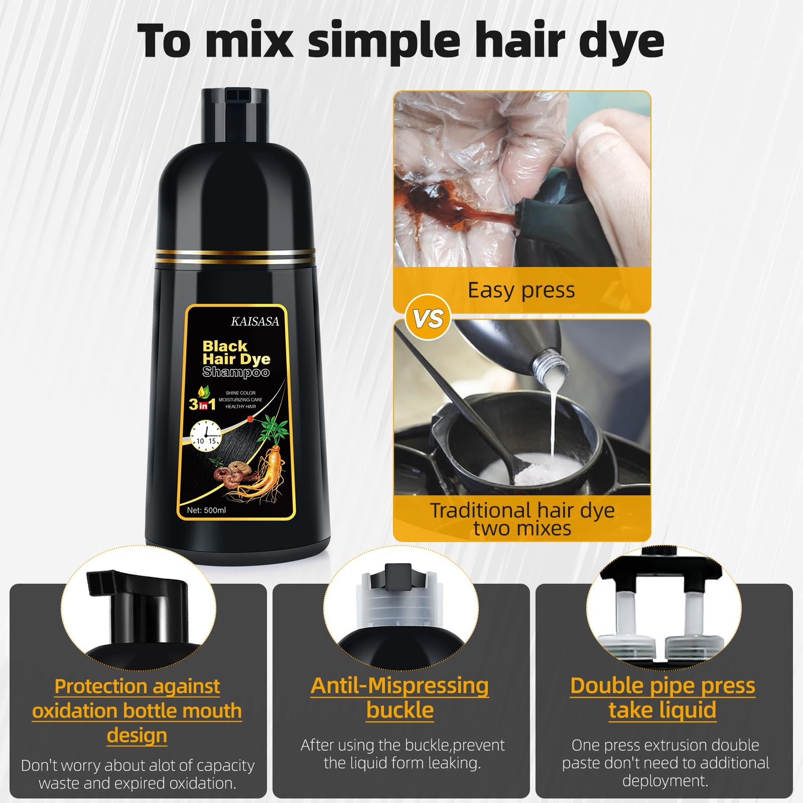 IIIMEIDU Hair Dye Shampoo for Gray Hair Coverage | 3-in-1 Natural Black Dye, 500ml