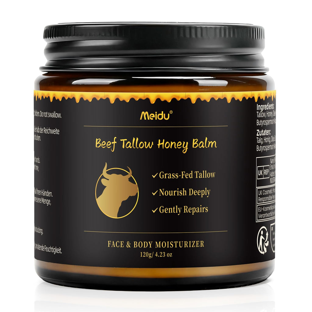 IIIMEIDU Tallow and Honey Balm – Grass-Fed Beef Tallow & Raw Wild Honey Moisturizer for Face & Body, 4.2 oz