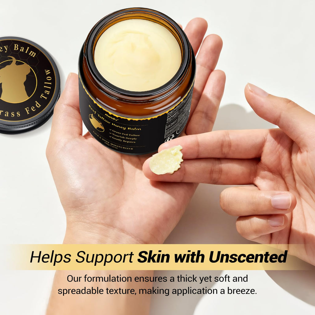 IIIMEIDU Tallow and Honey Balm – Grass-Fed Beef Tallow & Raw Wild Honey Moisturizer for Face & Body, 4.2 oz