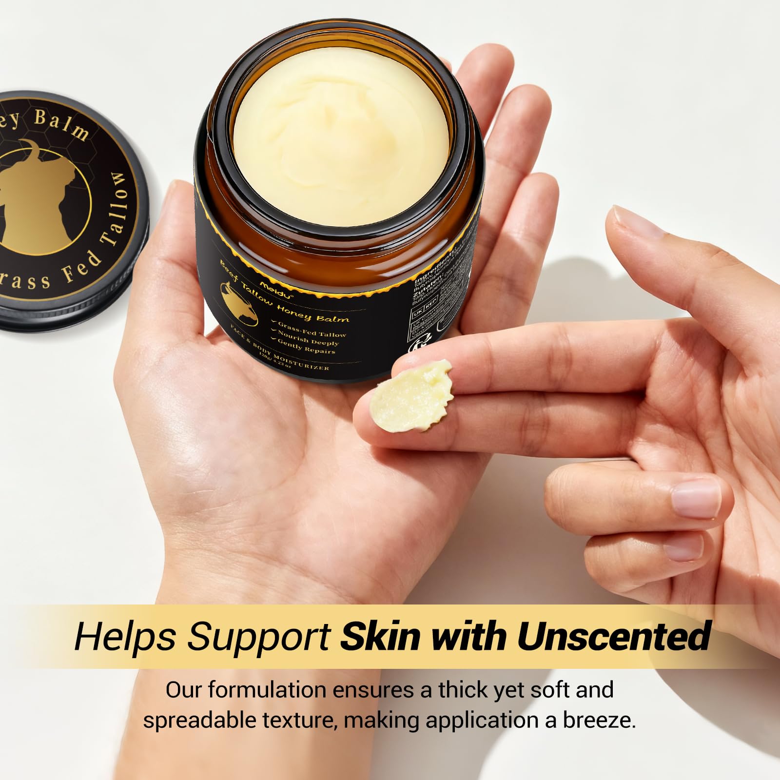 IIIMEIDU Tallow and Honey Balm – Grass-Fed Beef Tallow & Raw Wild Honey Moisturizer for Face & Body, 4.2 oz