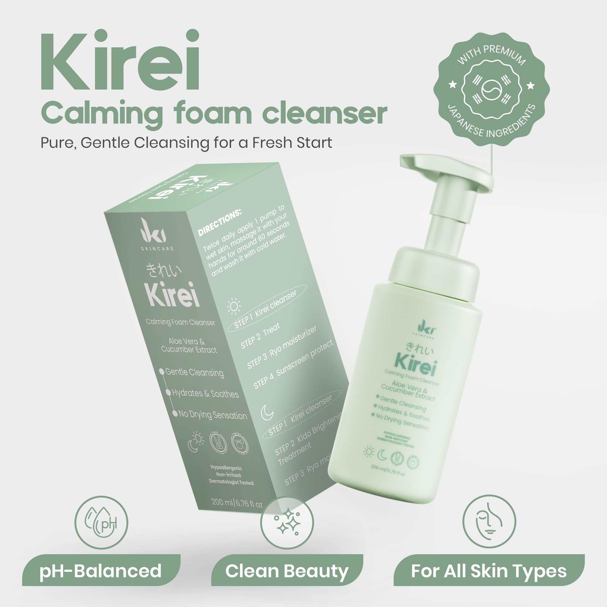 IKI Kirei Foam Cleanser – Gentle Hydrating Face Wash with Aloe Vera & Cucumber for Sensitive Skin