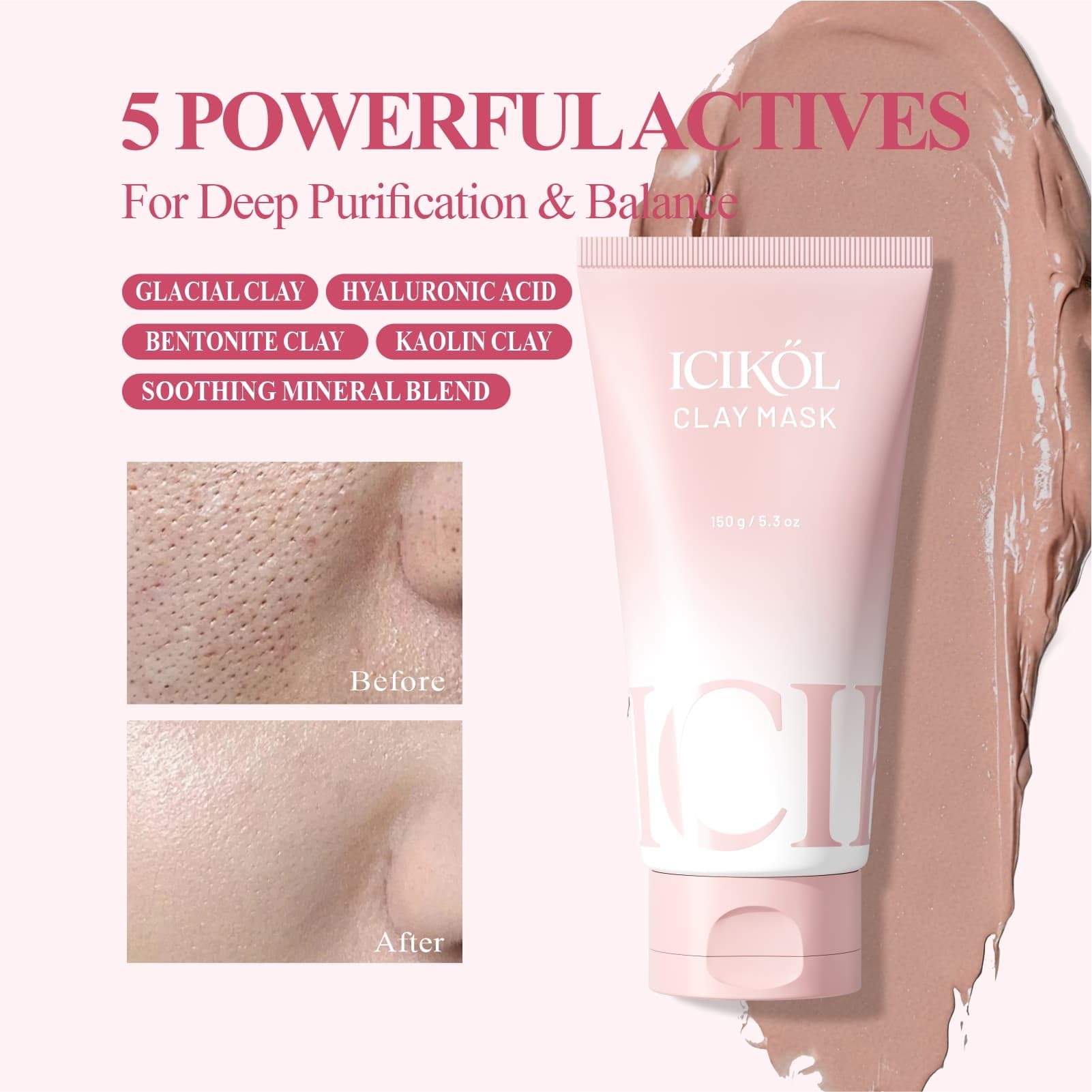 ICIKOL Deep Cleansing Red Clay Mask with Glacial Minerals – 5.3 oz Hydrating Mud Mask + Brush
