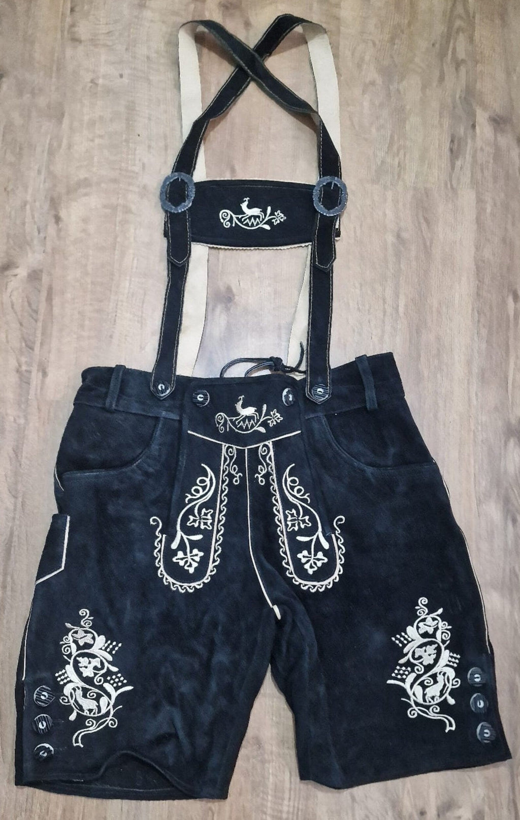 Black Men's Short Lederhosen Bavarian Genuine Cowhide Leather with Matching Suspenders