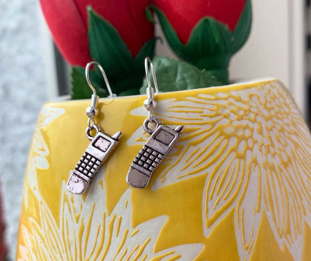 Silver mobile phone dangle earrings
