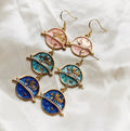 Enamel gold plated drop dangle earrings with cat on branch with moon stars celestial