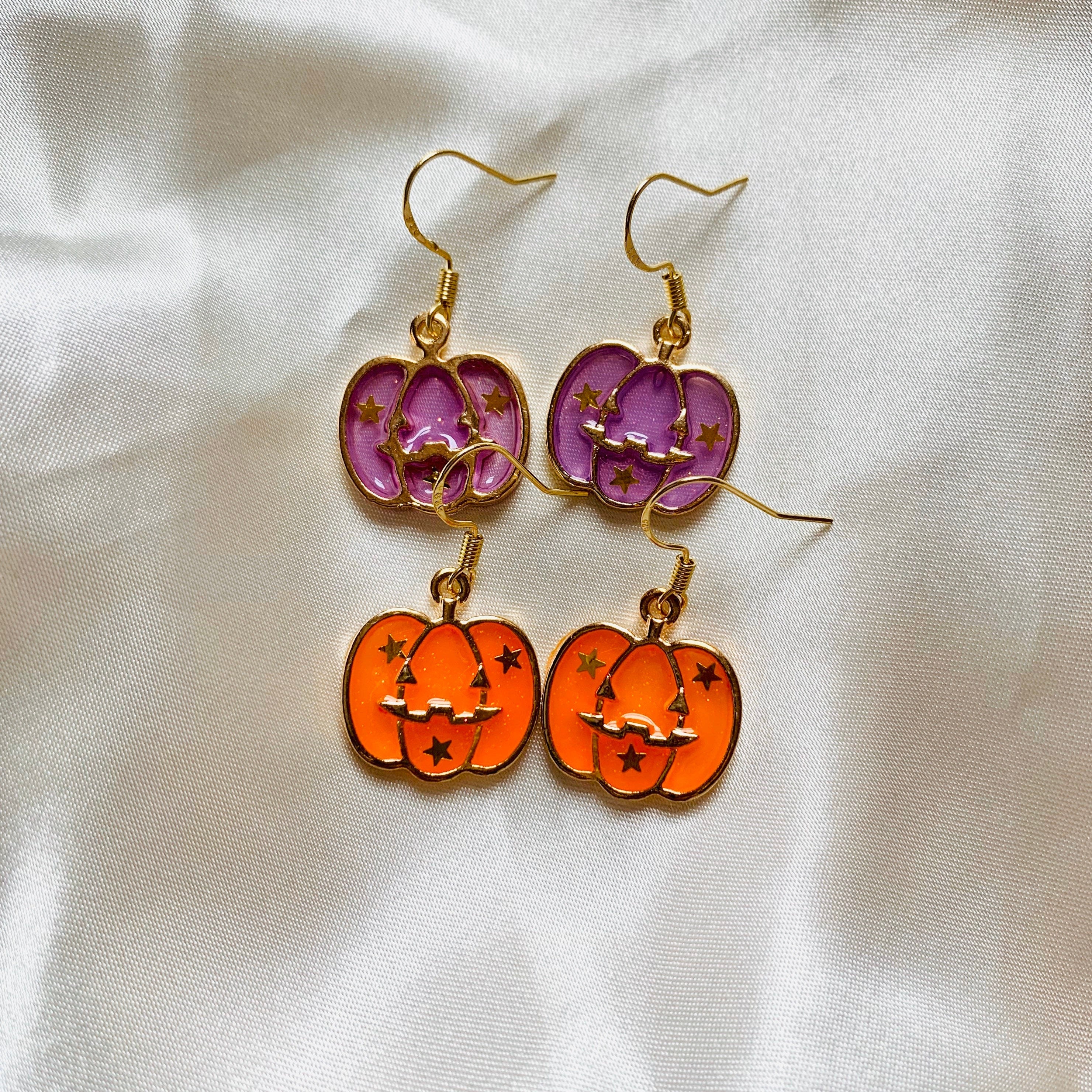 Purple, orange or pink with gold star pumpkin halloween earrings