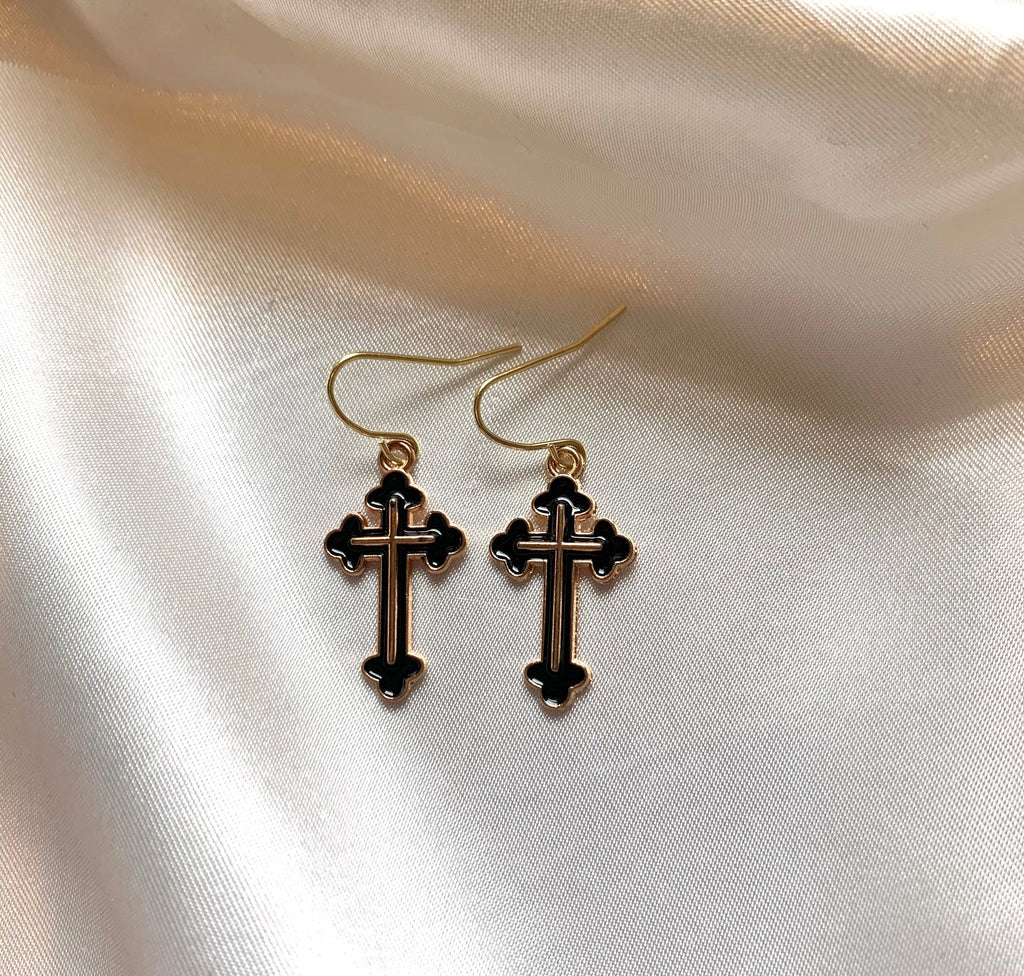 Black and gold cross dangle earrings on gold plated hooks