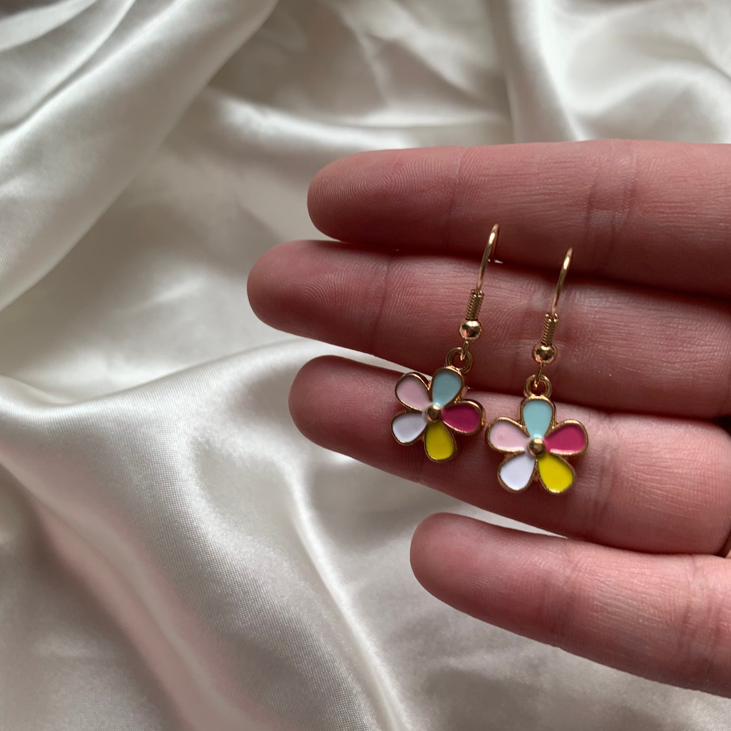 Rainbow flower dangle gold earrings