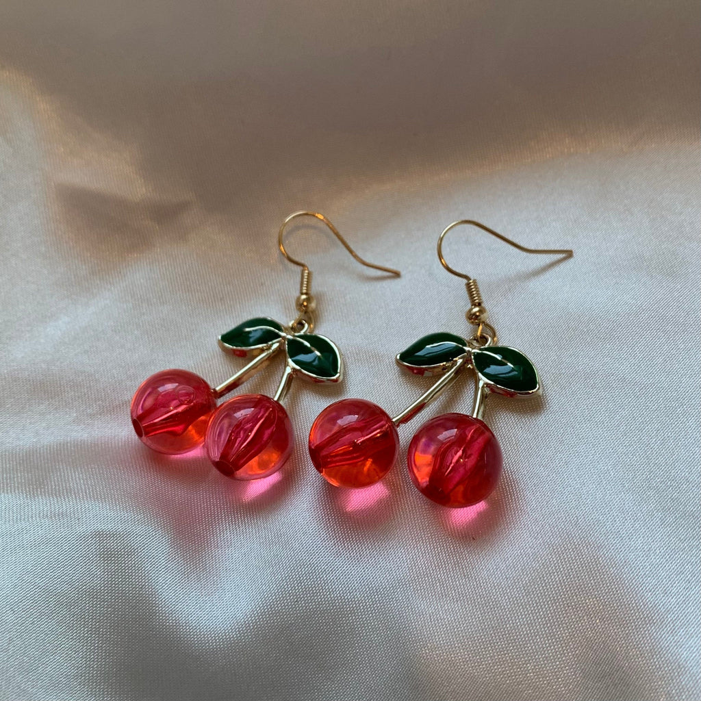 Cool quirky pink/ red 3D cherry gold earrings