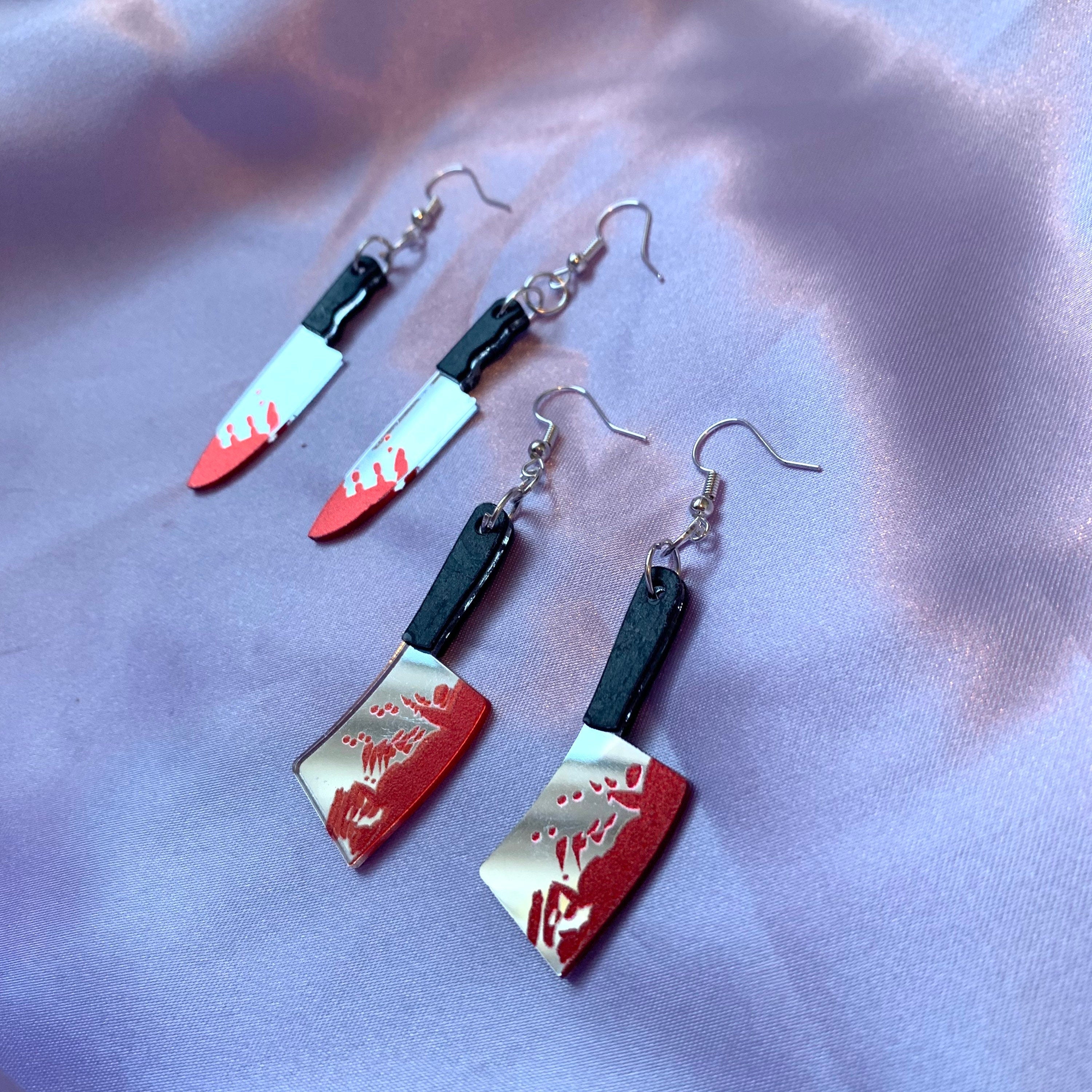 Acrylic spooky knife silver dangle earrings