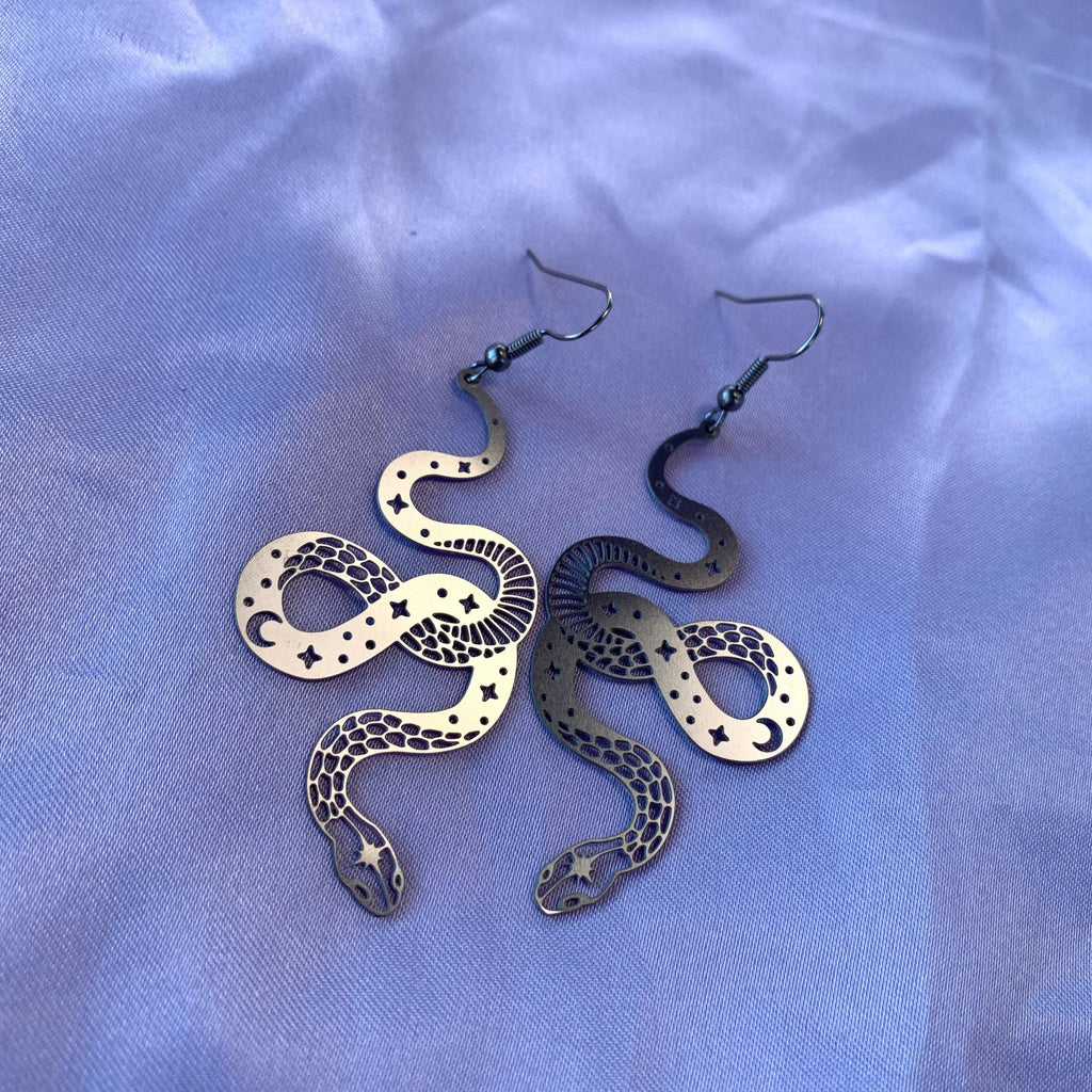 Cool quirky silver stainless steel statement celestial these moon star snake drop dangle earrings