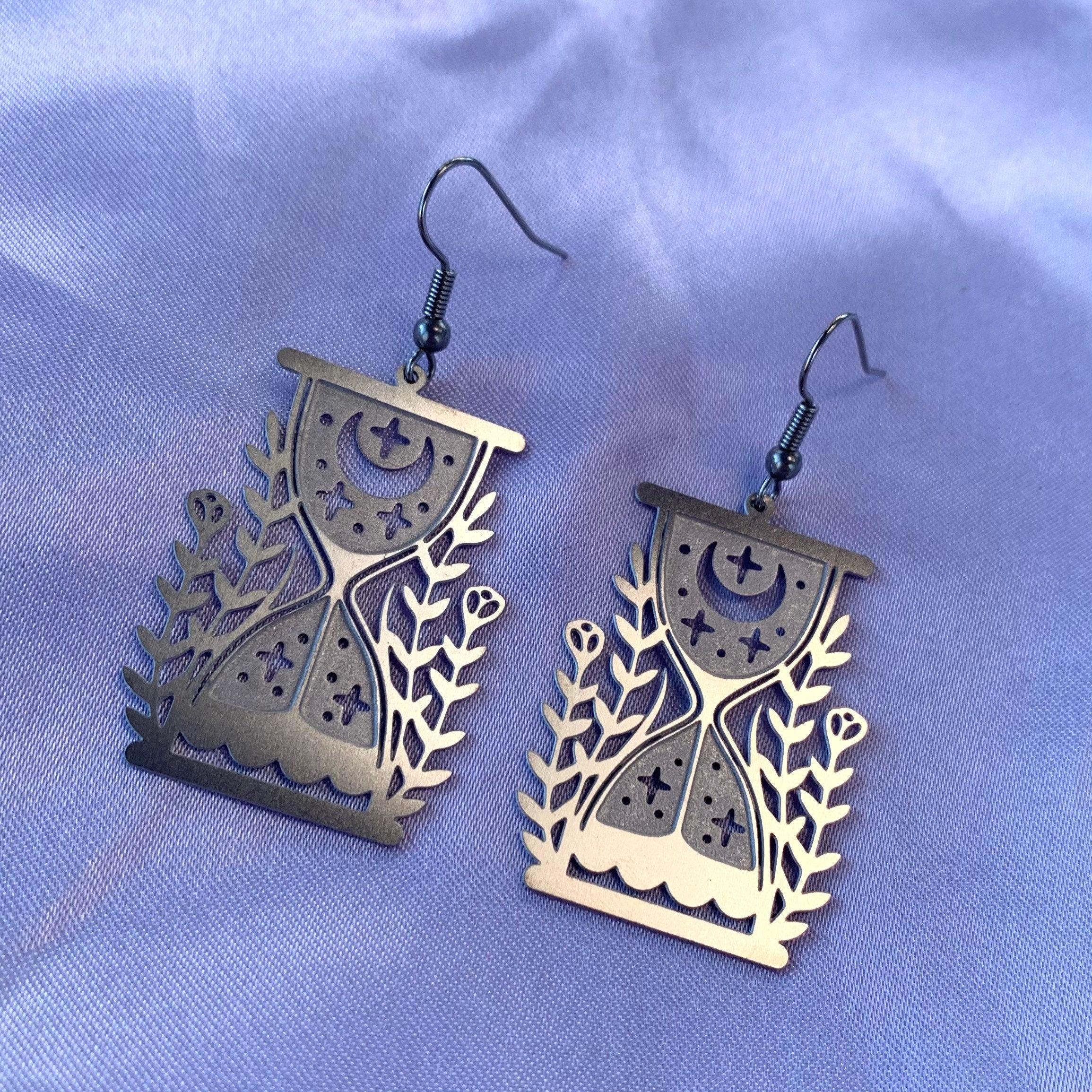 Silver stainless steel celestial floral hour glass drop dangle earrings
